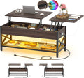 Aheaplus Coffee Table, Lift Top Coffee Table with LED light and Power Outlet, Modern Lift-Top Table with Storage Shelf, Center Table for Living Room with Lift Tabletop, X Support Metal Frame, Espresso