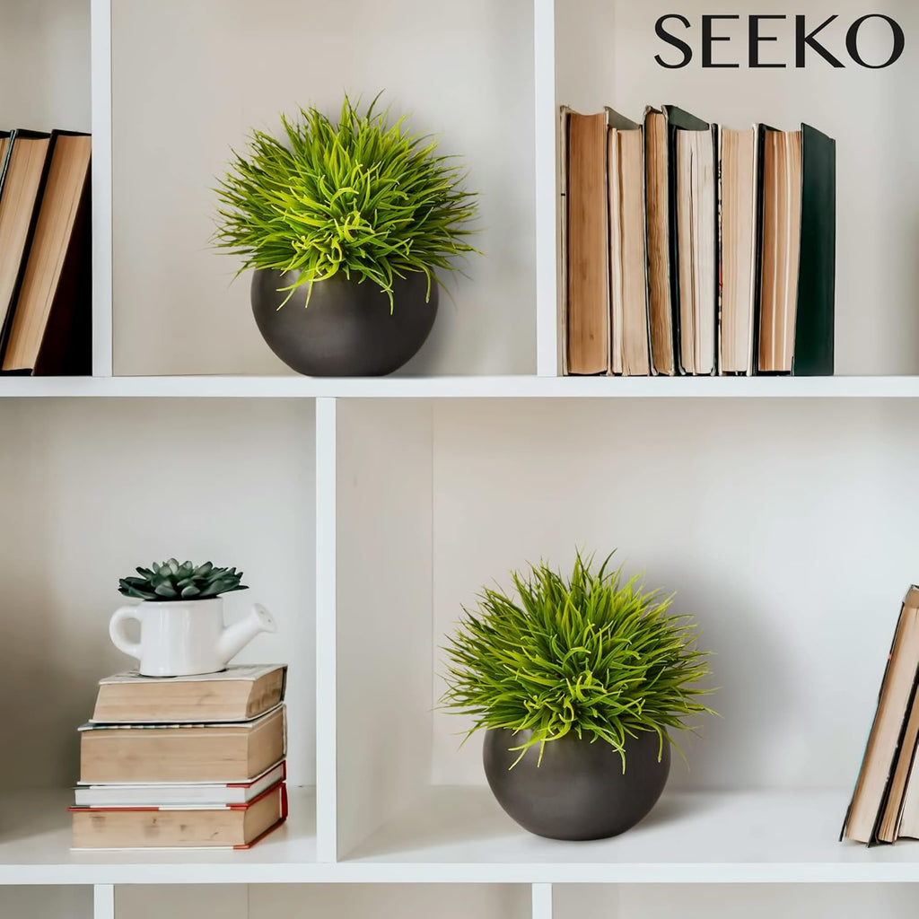 SEEKO Succulents Small Fake Plants (Grass, 2 Pack) - Realistic Artificial Plants Indoor for Shelf, Bathroom, Desk, Office and Bathroom Decor