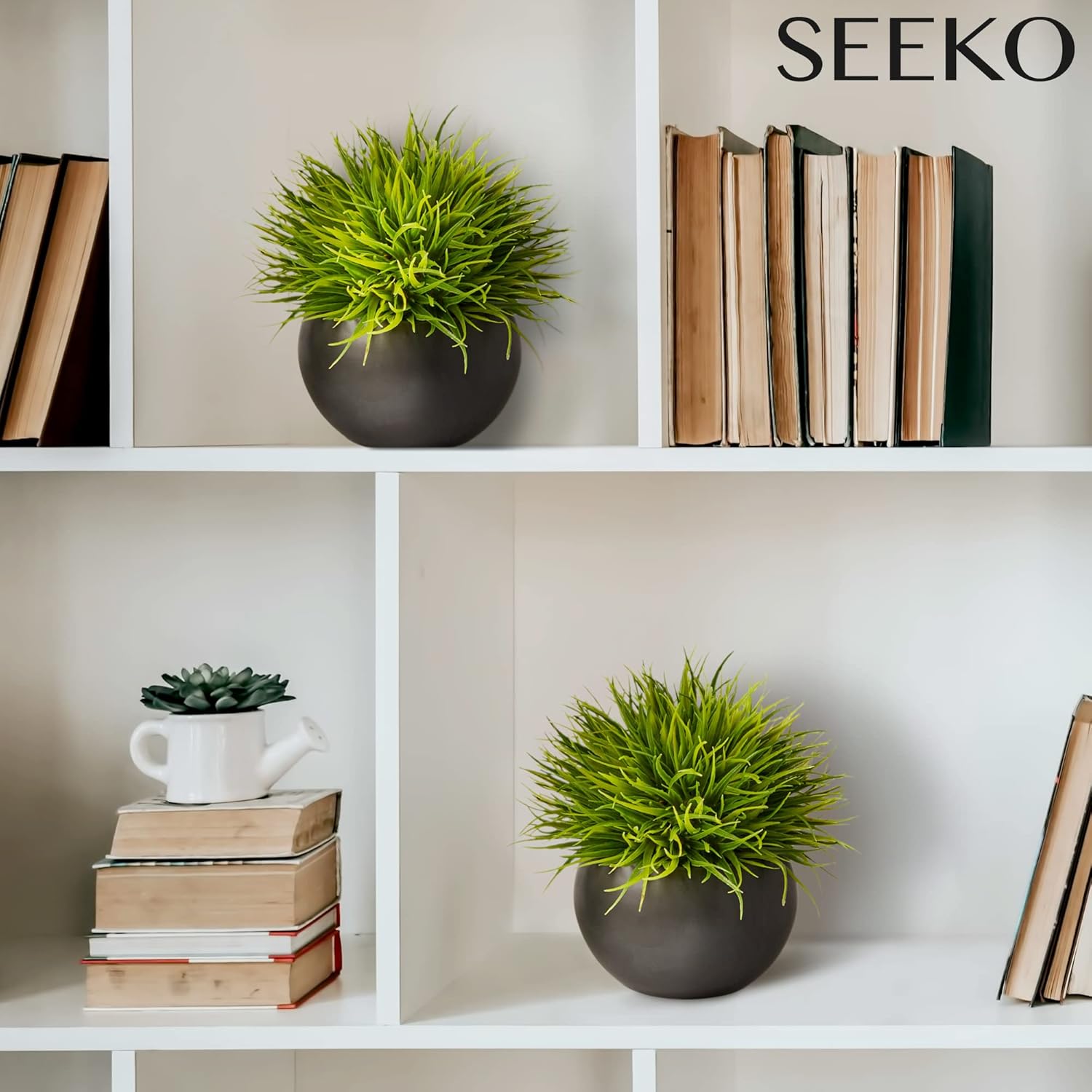 SEEKO Succulents Small Fake Plants (Grass, 2 Pack) - Realistic Artificial Plants Indoor for Shelf, Bathroom, Desk, Office and Bathroom Decor