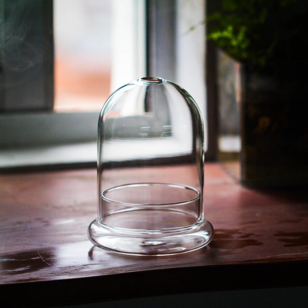 Small Glass Dome with Base and Air Hole - 4.7 x 4.7 x 6.3 Inch - Clear Glass Cloche Bell Jar, Home Indoor Tabletop Decorative Terrarium, (No Plants Included)