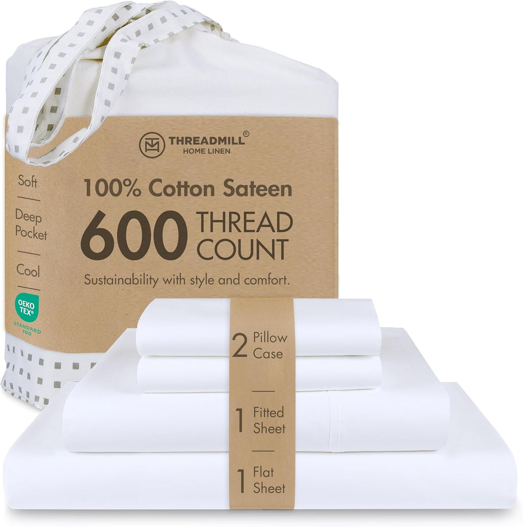 Threadmill 100% Cotton Sheets for Cal King Size Bed - 600 Thread Count Cal King Bed Sheets Set with 16” Deep Pocket - Sateen Weave 4-Piece Bedding Set with Cooling Effect, White
