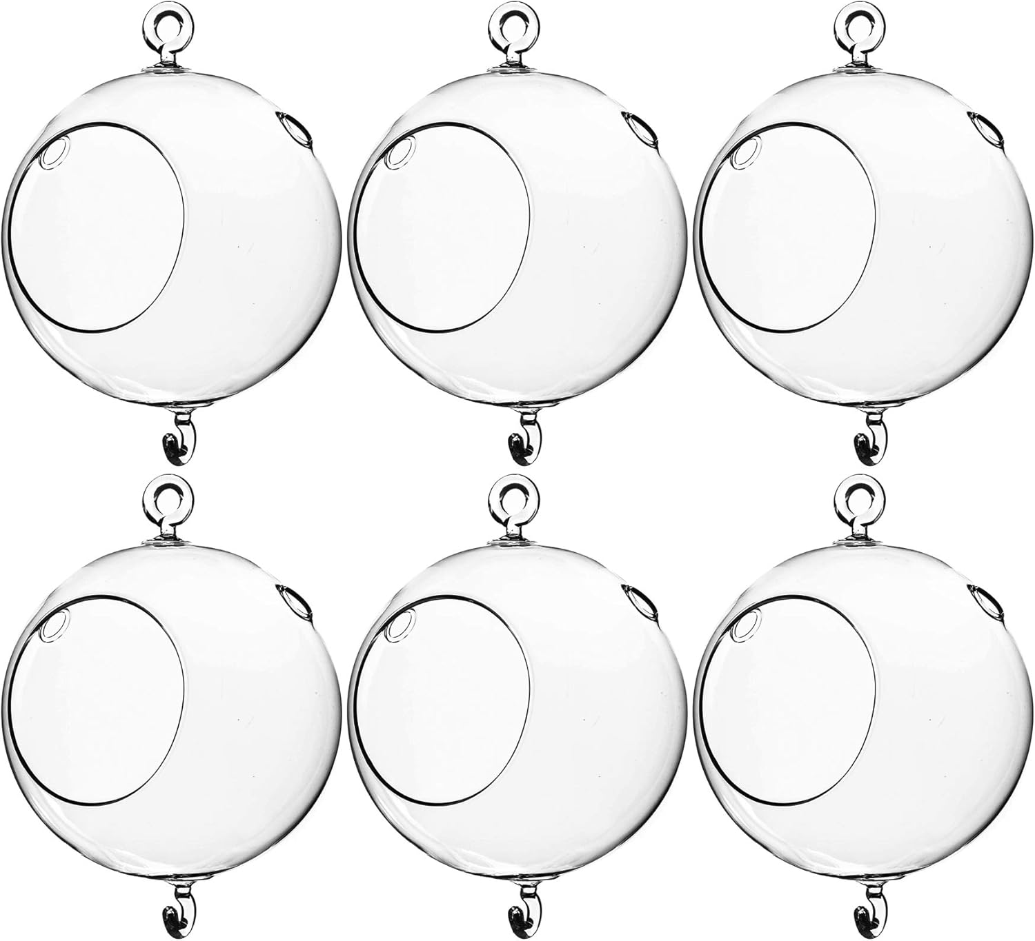WGV Hanging Terrarium Globe, Width 5", Height 7", Double Hook, DIY Air Succulent Planter, Clear Glass Vase Orb, Candle Holder for Windowsill Outdoor Garden Decor, 6 Pieces Bulk