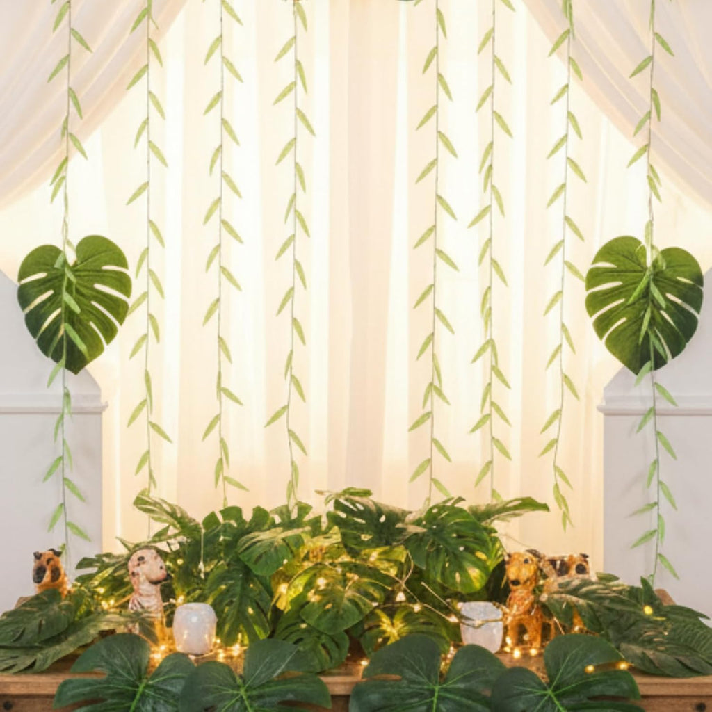 XunYee 110 Pcs Artificial Vines Greenery Garland and Monstera Palm Leaves Decoration Set, Fake Wicker Rattan Vines Tropical Faux Leaves Bulk for Jungle Safari Baby Shower Plant Party Decoration