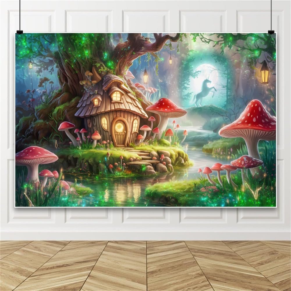 AOFOTO 5x3ft Magic Tree House Photoshoot Backdrop Mushroom Unicorn River Enchanted Forest Photography Background Fairy Tale Wonderland Theme Party Decoration Girls Princess Kids Birthday Banner