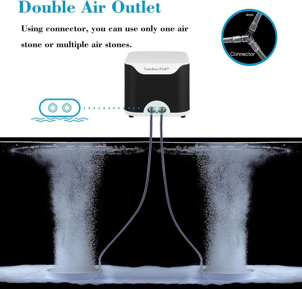 Carefree Fish 10W 260Gph Aquarium Air Pump Dual Air Outlets Super Quiet and Powerful Adjustable Oxygen Pump Aerator Pump with 6Ft Tubing and 2 Air Stones Up to 600 Gallon Fish Tank