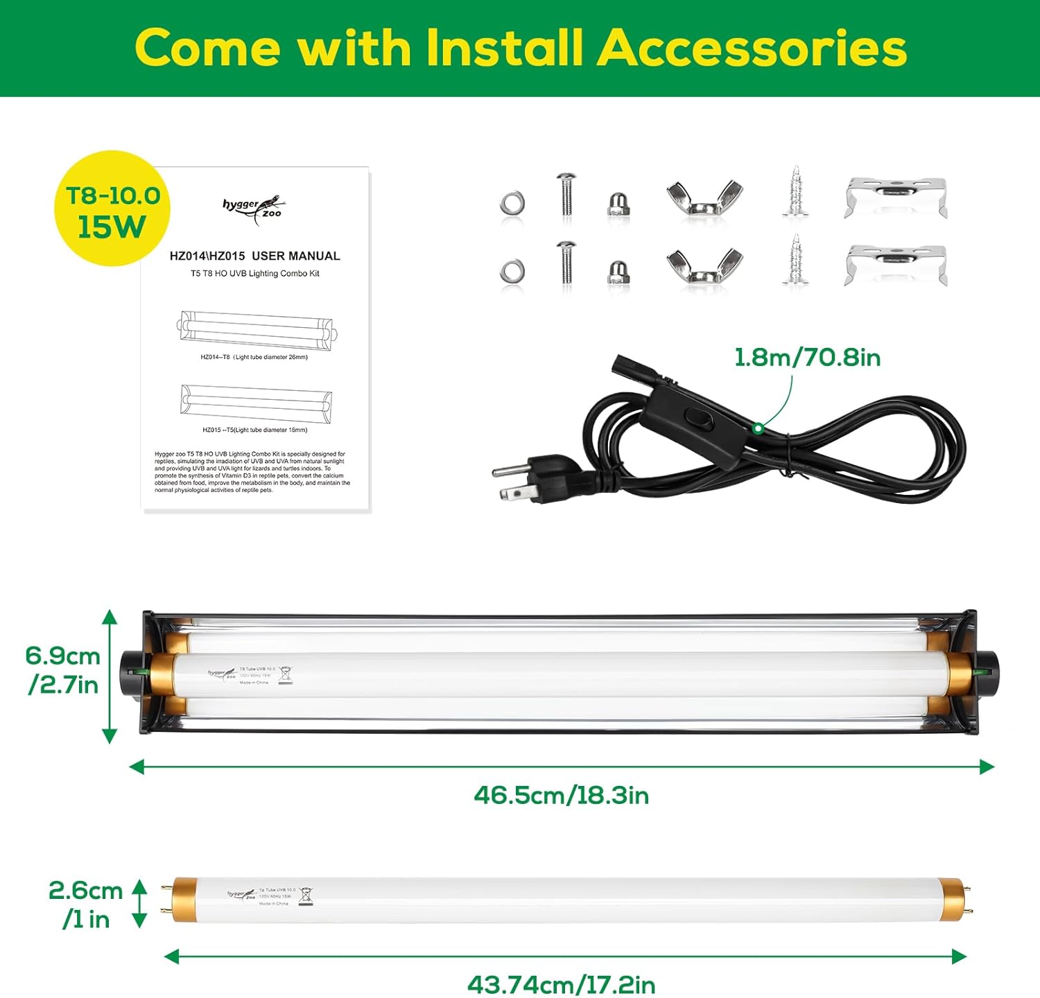 T8 UVB Reptile Light Fixture HO UVB Bulb Lighting Combo Kit, 10.0 UVB Light for Reptiles Terrarium Hood with 15W Reptile Light Bar UVA UVB Desert Lamp for Bearded Dragon Turtle Tank, 18Inch