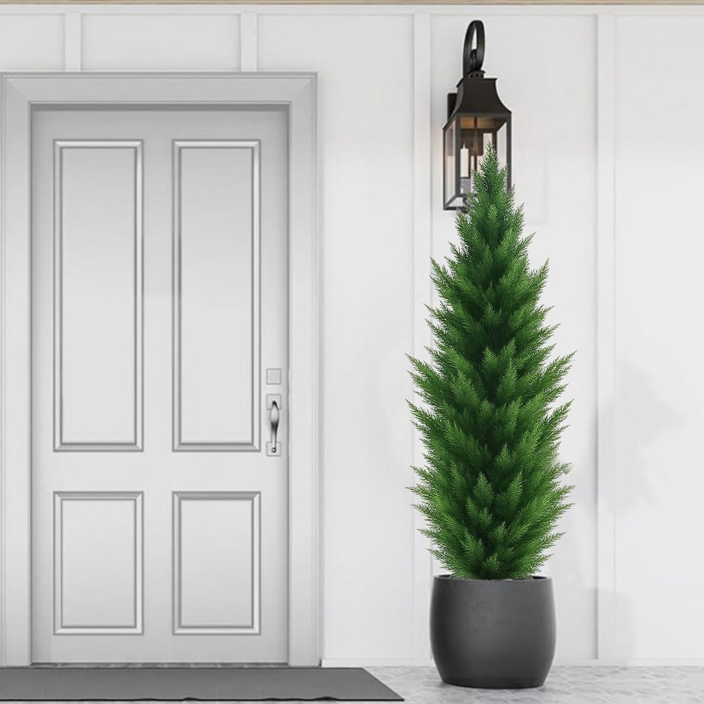 Artificial Topiary Cedar Trees 6FT Tall 2 Set, Outdoor Indoor Faux Pine Shrubs Plants, Realistic Fake Plants Arborvitae Tree Front Porch Decor, Artificial Cedar Tree for Home Front Door Offices