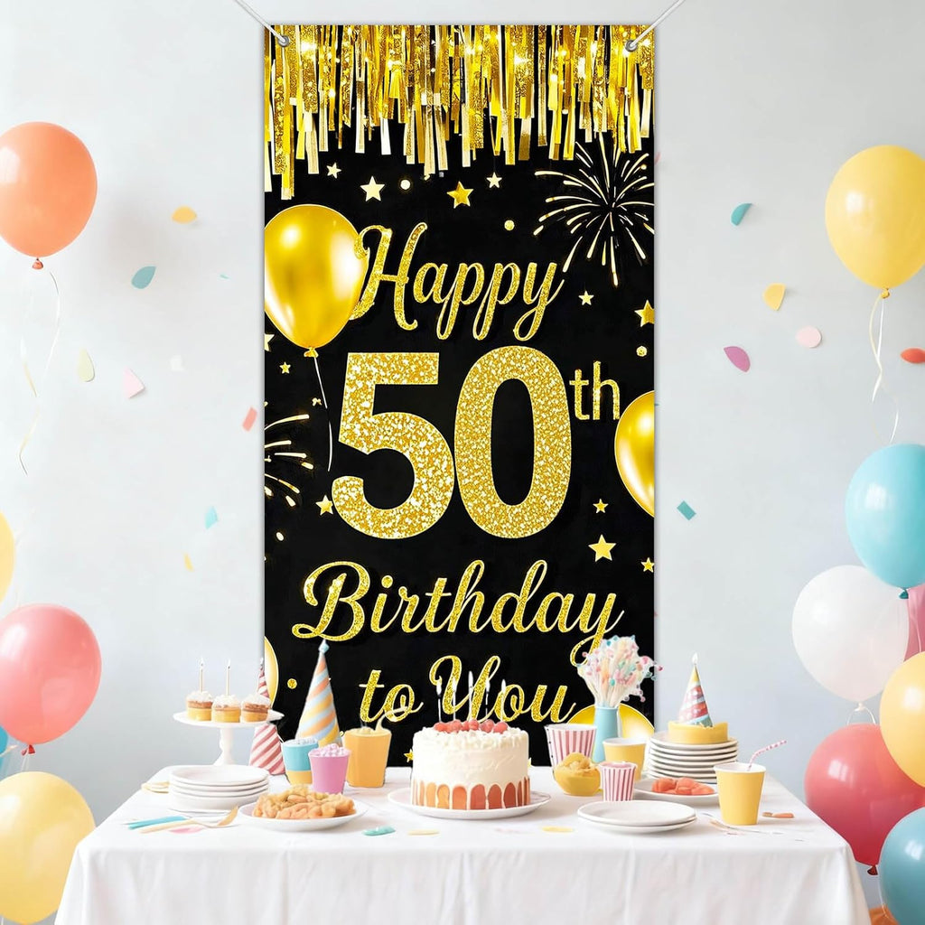 IVN 50th Birthday Door Cover 71x35 Inch Black Gold Birthday Banner for Party Decorations Balloons Stars Fireworks Backdrop Sign for Men Women Photo Booth Prop Wall Decor