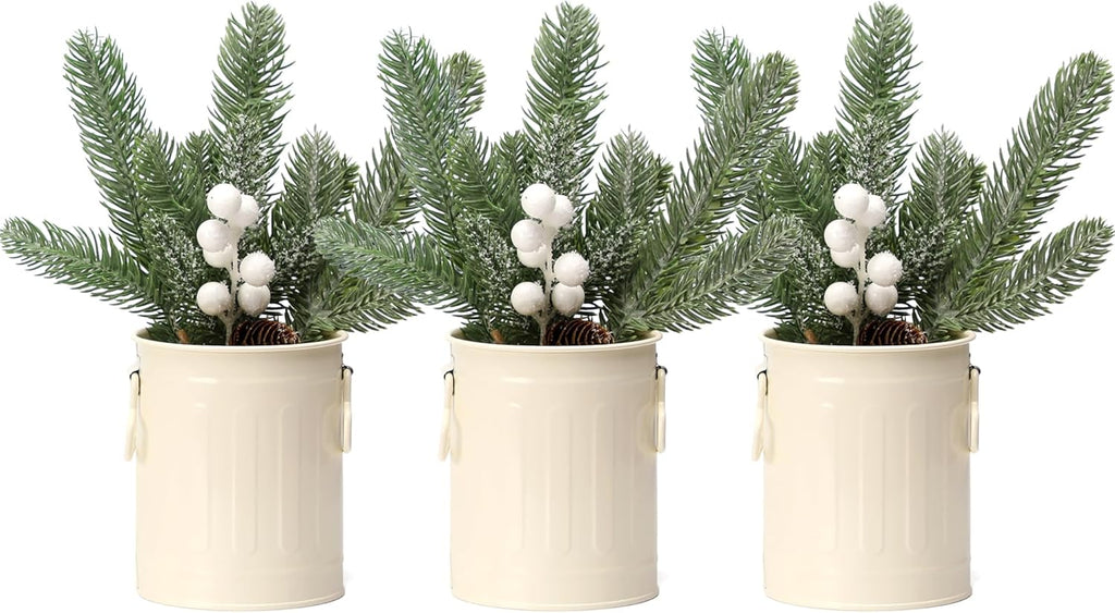 White Christmas Centerpieces for Tables, 3 Pack Mini Christmas Artificial Pine Tree with Berries in Metal Pots, Farmhouse Winter Tabletop Xmas Decorations for Home, Mantel