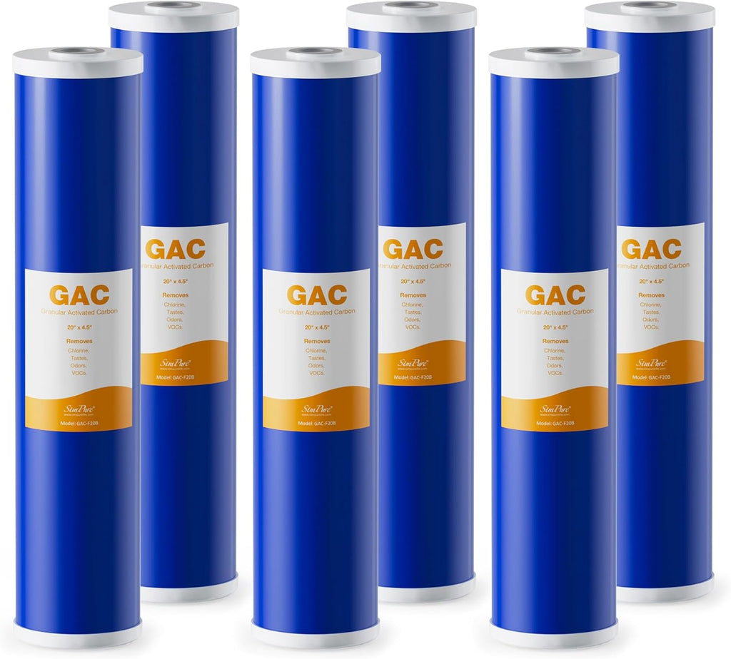 SimPure Whole House Water Filter Cartridges 20" x 4.5" GAC Granular Carbon Filter, For DB20P, DB20P-3, WHB20, GAC-20BB, RFC20-BB, 6 Pack