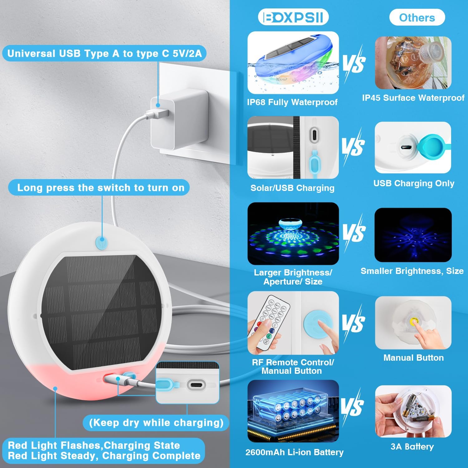 Solar Pool Lights, 2600mAh USB Rechargeable Floating Pool Lights, 6.7" IP68 Waterproof Solar Floating Light with Remote, RGB 13 Colors Upper and Lower Glow Hangable Light for Path, Hot Tubs 1 PCS