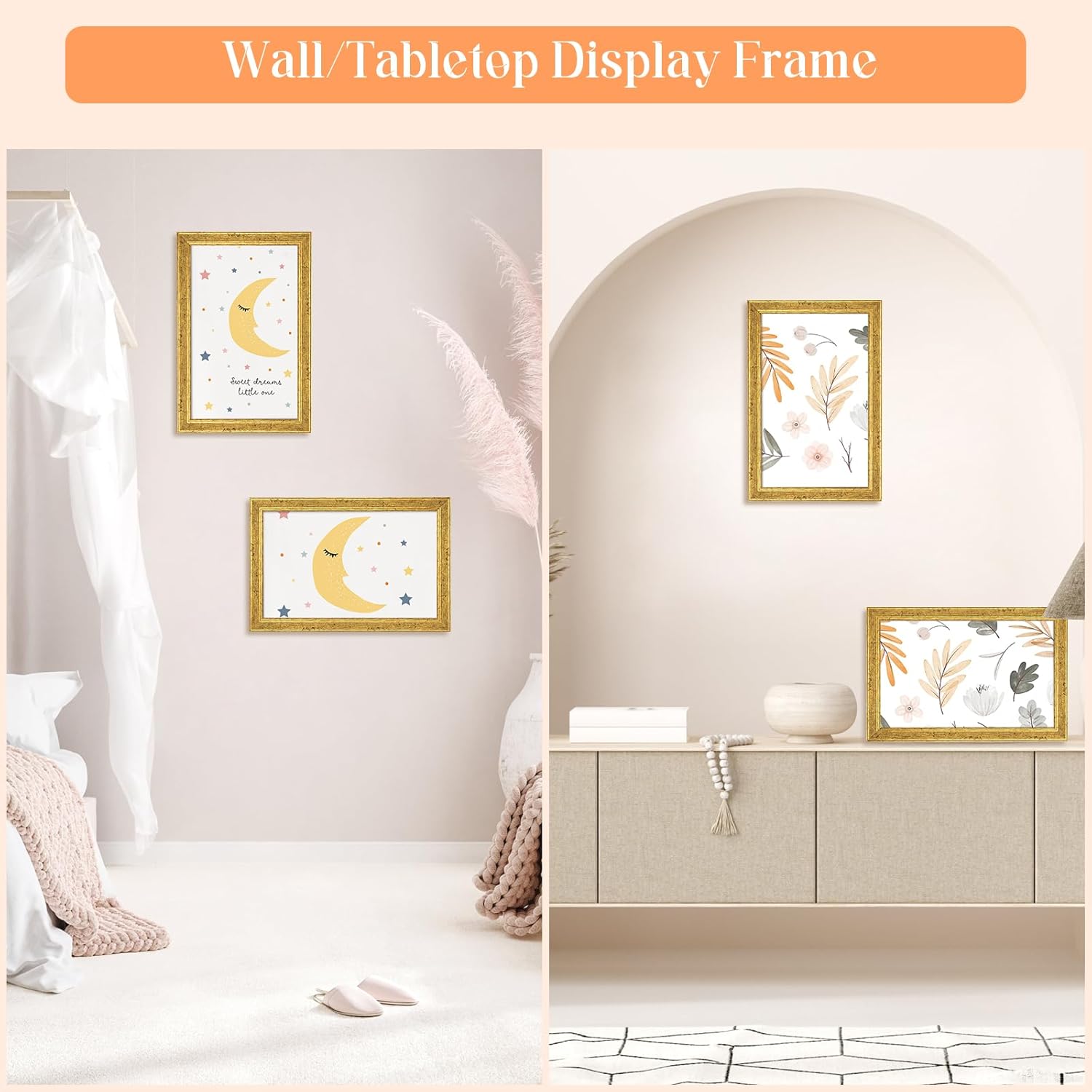 Wood 9x13 Frame Gold, Ornate Natural Wooden 13x9in Picture Frames, Modern Golden 9 x 13inch Gallery Photo Pic Frame with HD Plexiglass, Horizontal Vertical Wall Mounting Tabletop Display 1Pcs