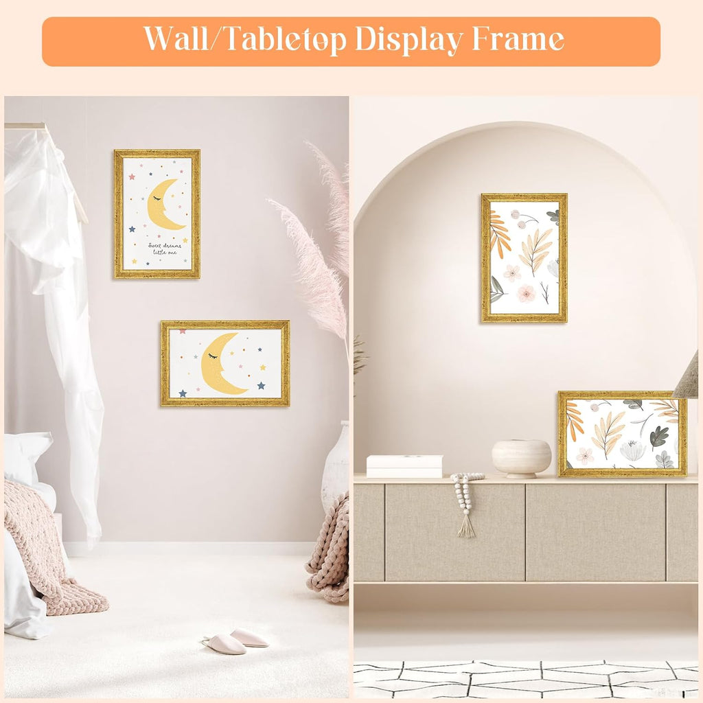 Wood 7x10 Frame Gold, Ornate Natural Wooden 10x7in Picture Frames, Modern Golden 7 x 10inch Gallery Photo Pic Frame with HD Plexiglass, Horizontal Vertical Wall Mounting Tabletop Display 1Pcs