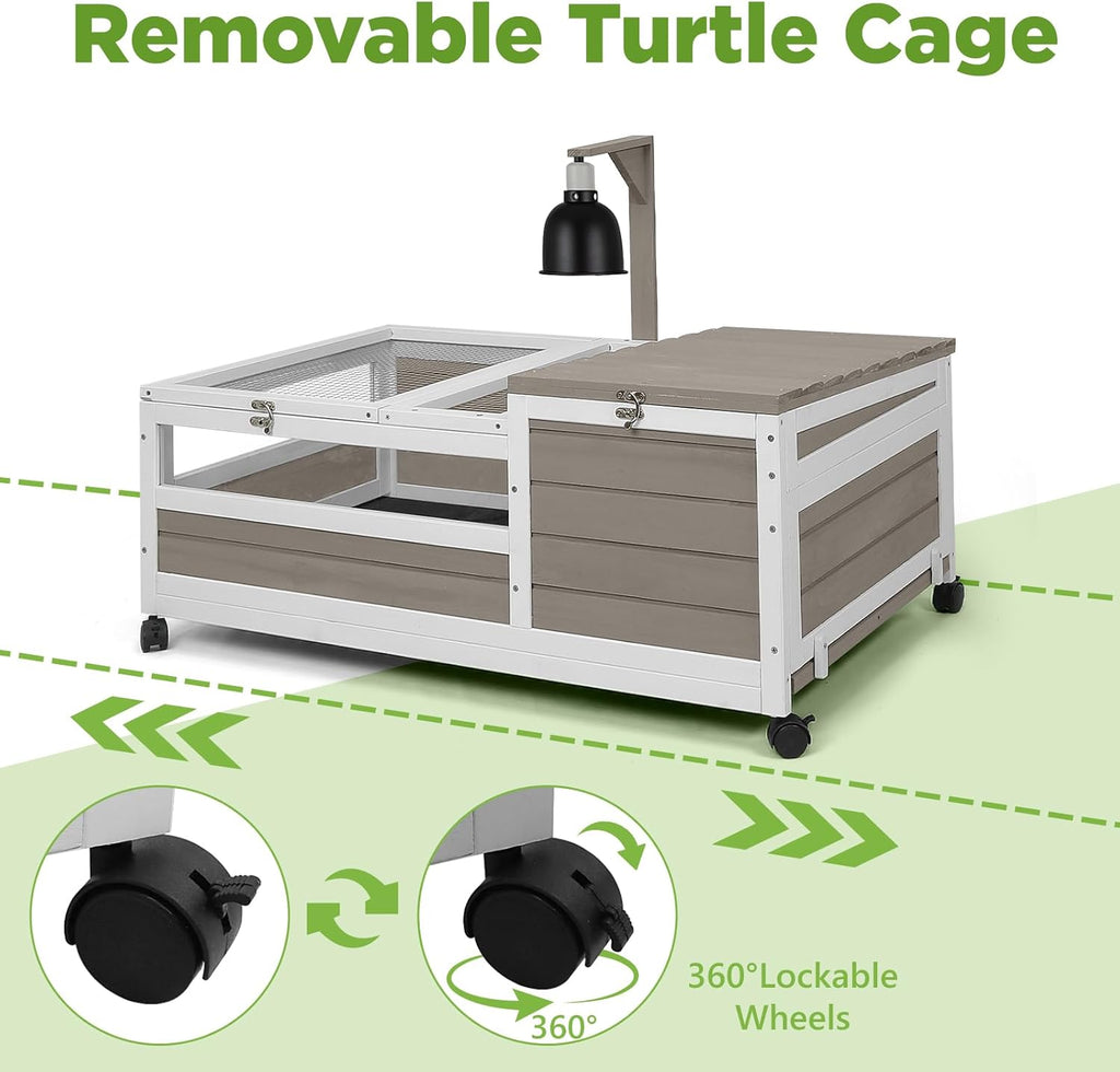 Tortoise Habitat with Lamp Holder in Indoor & Outdoor, Wooden Extensible Turtle Enclosure Table with 4 360° Lockable Wheels, Leakproof Tray, Openable Roof for Tortle, Lizard, Chameleon