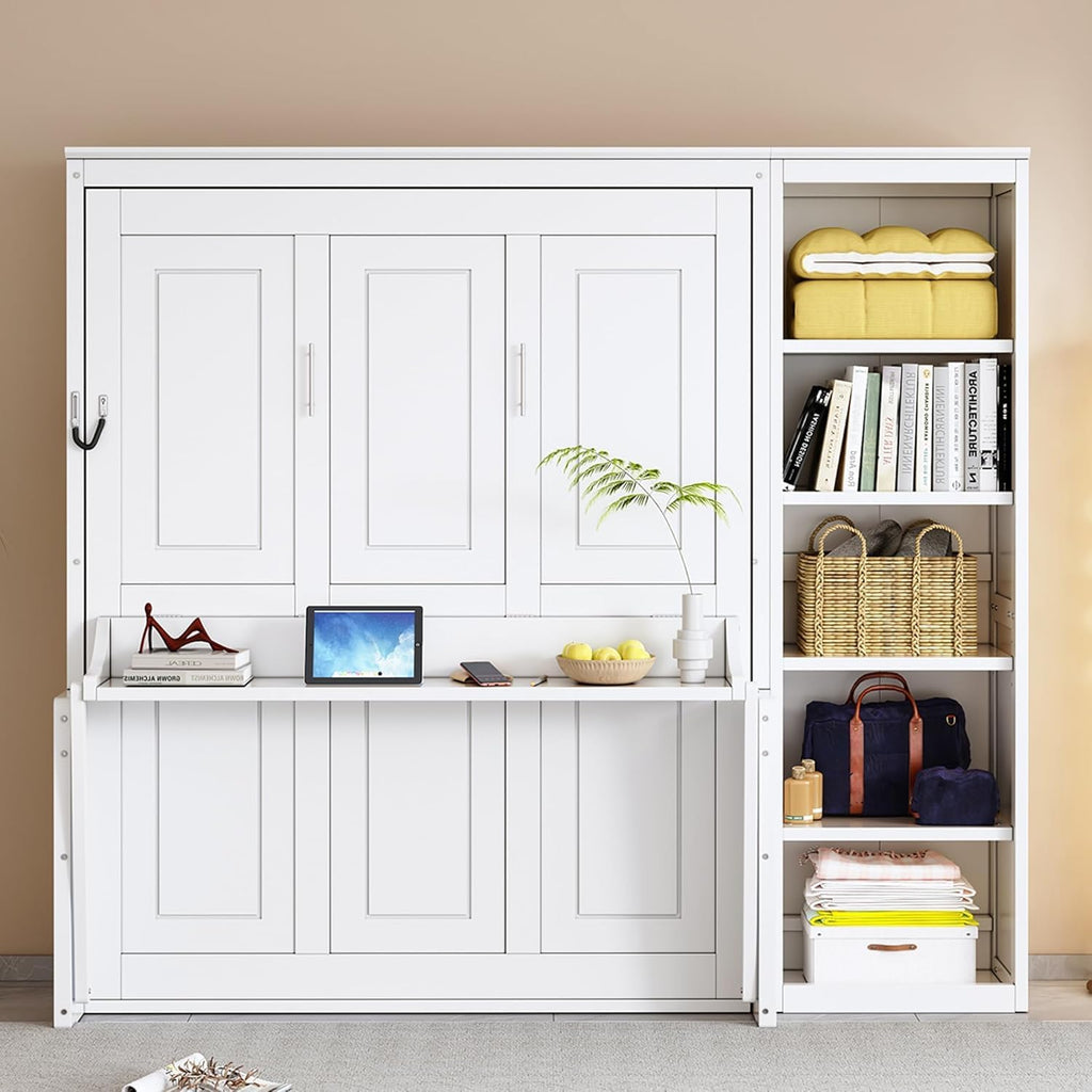 MERITLINE Queen Murphy Bed with Desk and Storage Shelves,Wood Hideaway Murphy Wall Bed with Storage Bookcase for Adults (White,Queen)