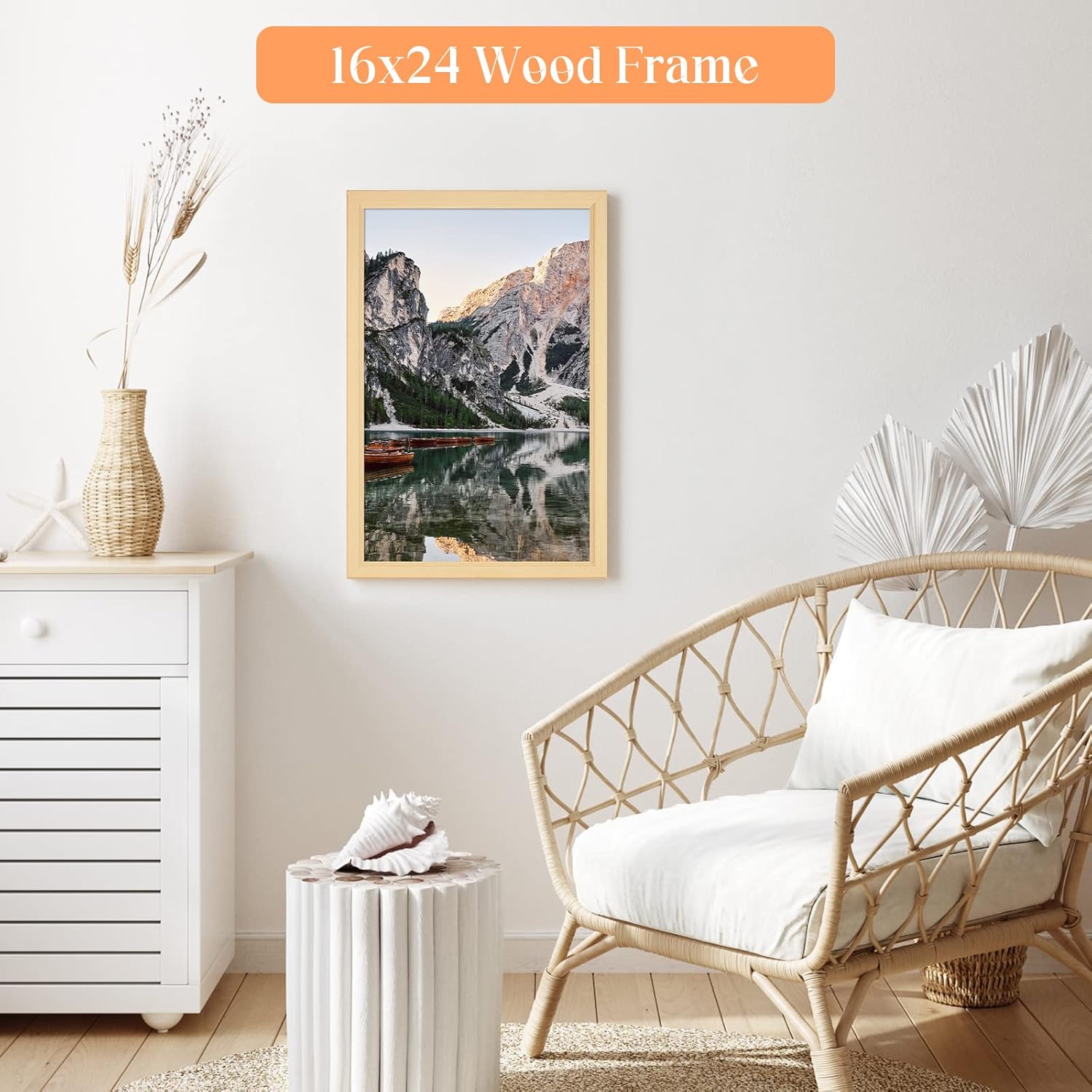 16x24 Wood Picture Frame, Rustic Natural 24x16in Woodgrain Frame, Modern Beige 16 x 24 inch Gallery Wall Photo Poster Frame with HD Plexiglass, Horizontal Vertical Wall Mounting Display 1pcs