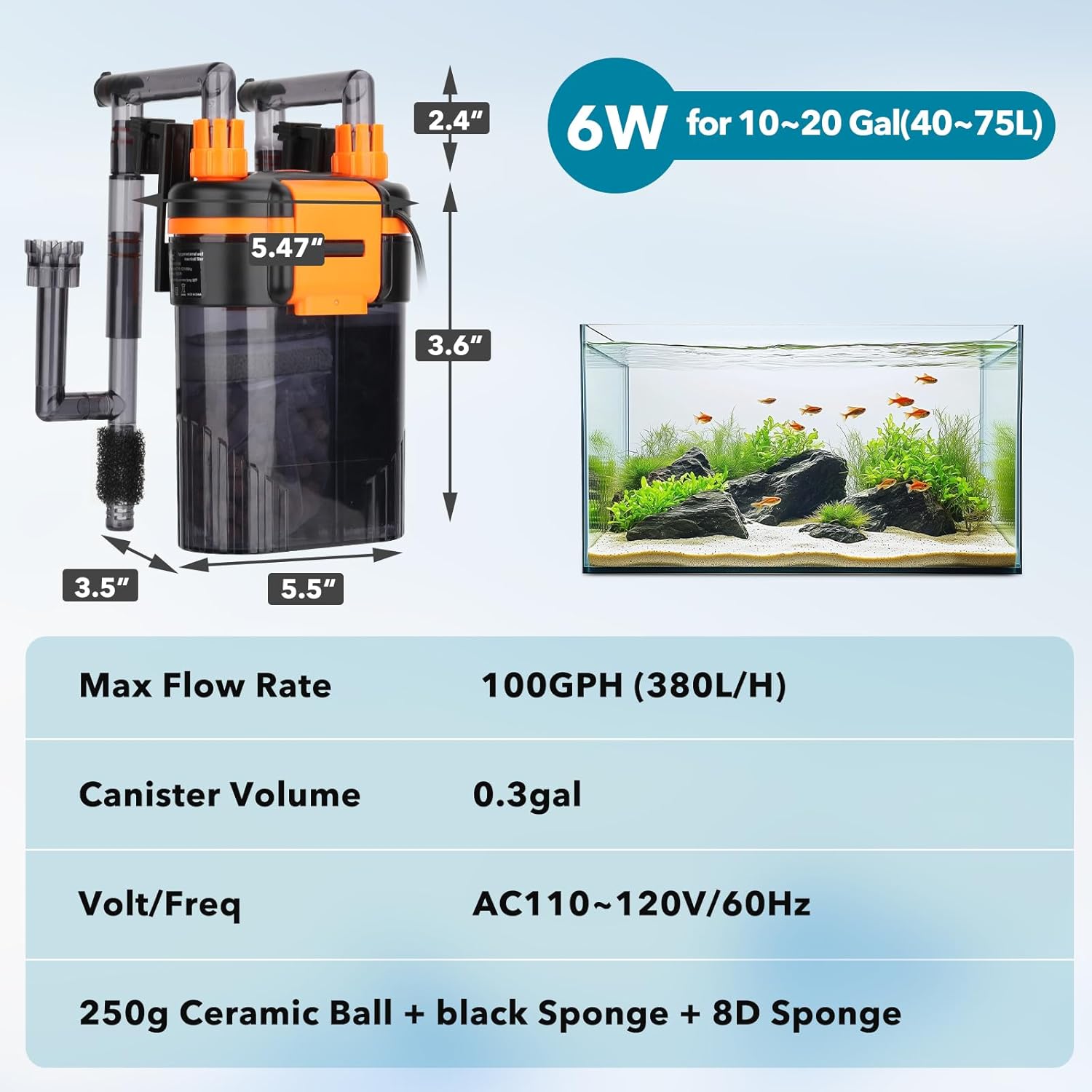 hygger External Hang-On-Back Canister Aquarium Filter,Quiet Fish Tank Filter with 3-Stage Filtration,Anti-Dry Burn Motor,Adjustable Flow,Oil Skimmer,Duckbill Nozzle,Shower Spray Bar (6W,10-20 gal)