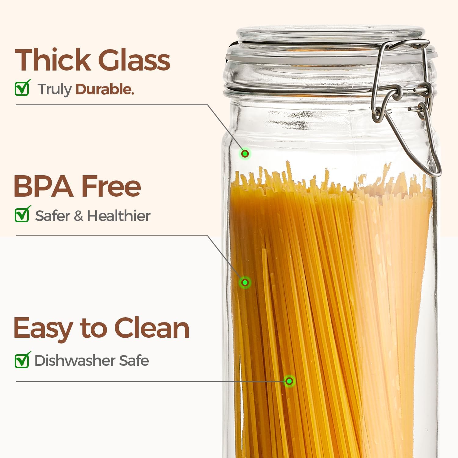 ComSaf Airtight Glass Jars Set of 3, 0.5 Gallon Food Storage Jar with Lids, Tall Spaghetti Container with Clear Preserving Seal Wire Clip Fastening, Pasta Storage Containers for Kitchen Canning