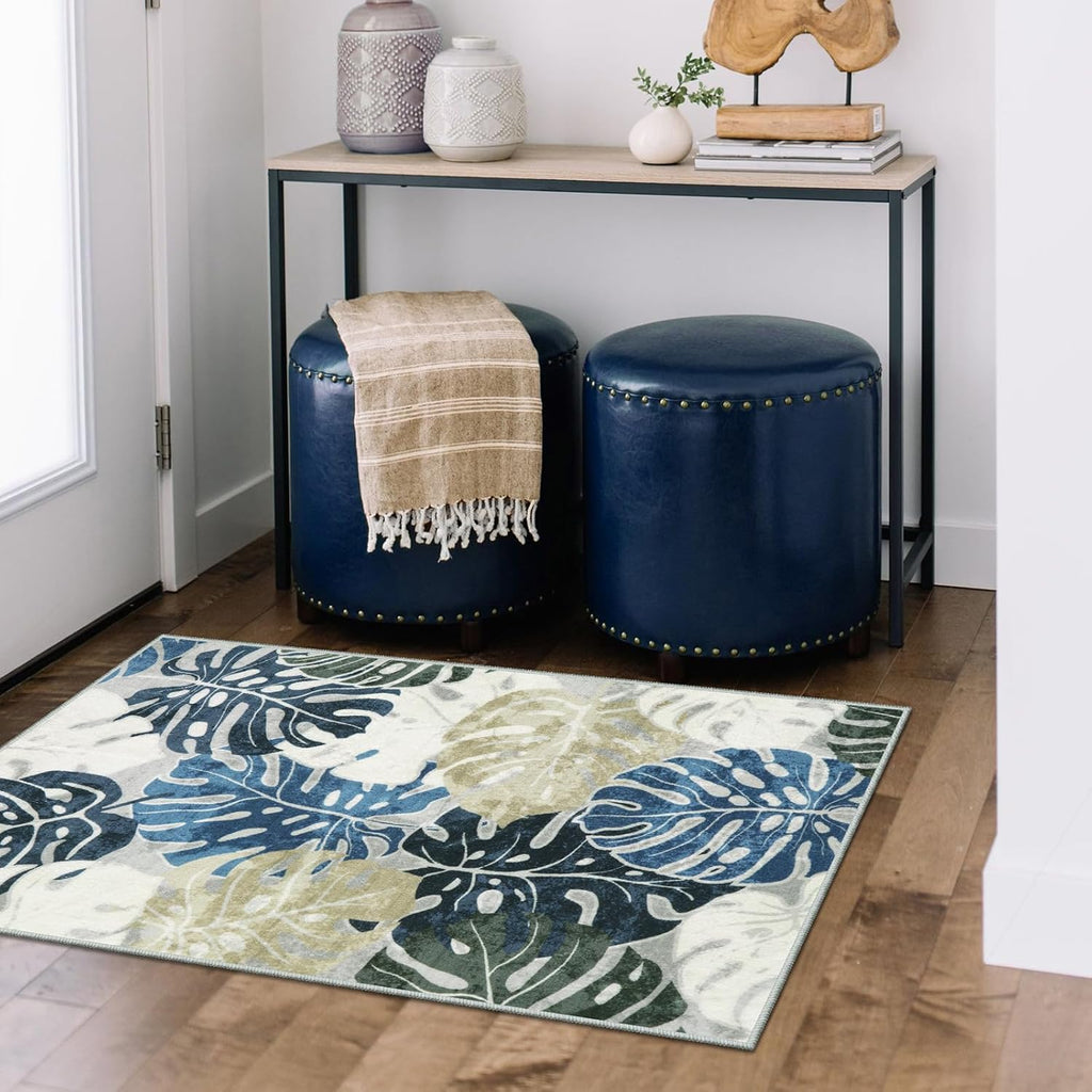 Wonnitar 2x3 Kitchen Sink Rug, Machine Washable Blue Bathroom Leaf Rugs, Monstera Coastal Non-Skid Bedside Accent Mat, Non-Shedding Low Pile Floor Carpet for Entry Doormat Bedroom Laundry