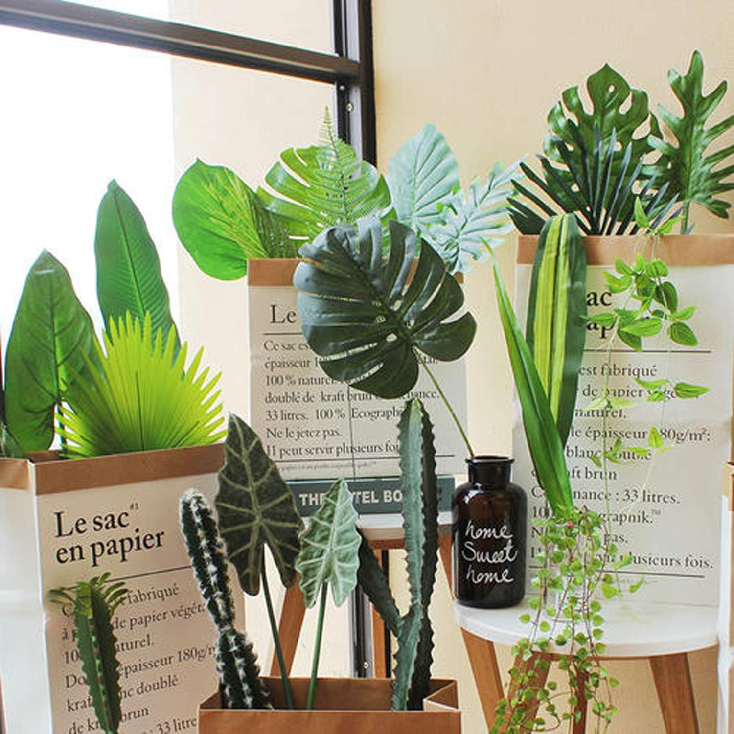 60 Pieces 5 Kinds Artificial Palm Leaves with Faux Stem, Tropical Party Decorations Jungle Monstera Leaves Safari Leaves for Hawaiian Luau Party Jungle Beach Table Leave Decorations