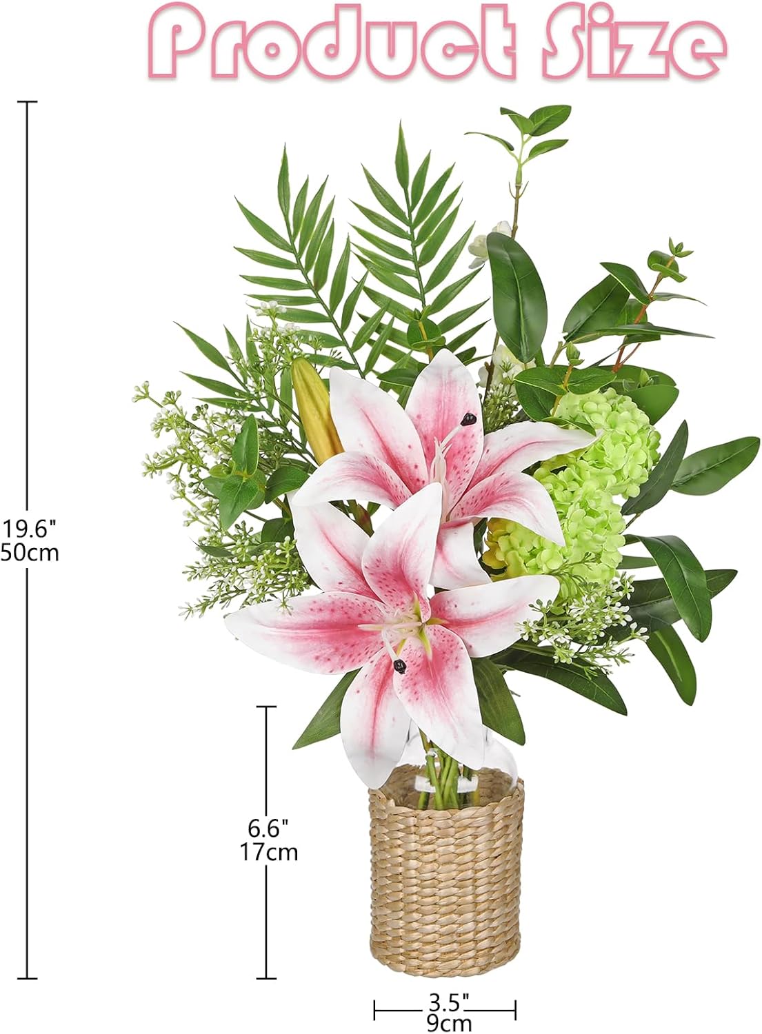 Hollyone Fake Flowers with Vase, Easter Lily Flowers, Pink Silk Tiger Lily and Hydrangea Artificial Flowers in Vase, Faux Plants and Flowers Arrangement Bouquets for Table Centerpieces Home Decor