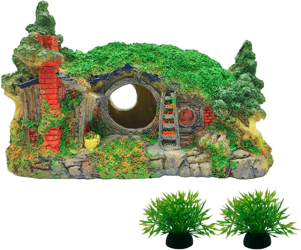 Tfwadmx Fish Tank Hobbit Decorations,Resin Small Fish Cave Hideout House,Aquarium Decor Hide Hole Shelter Castle Hut Ornaments Mini Garden Decorating Accessories
