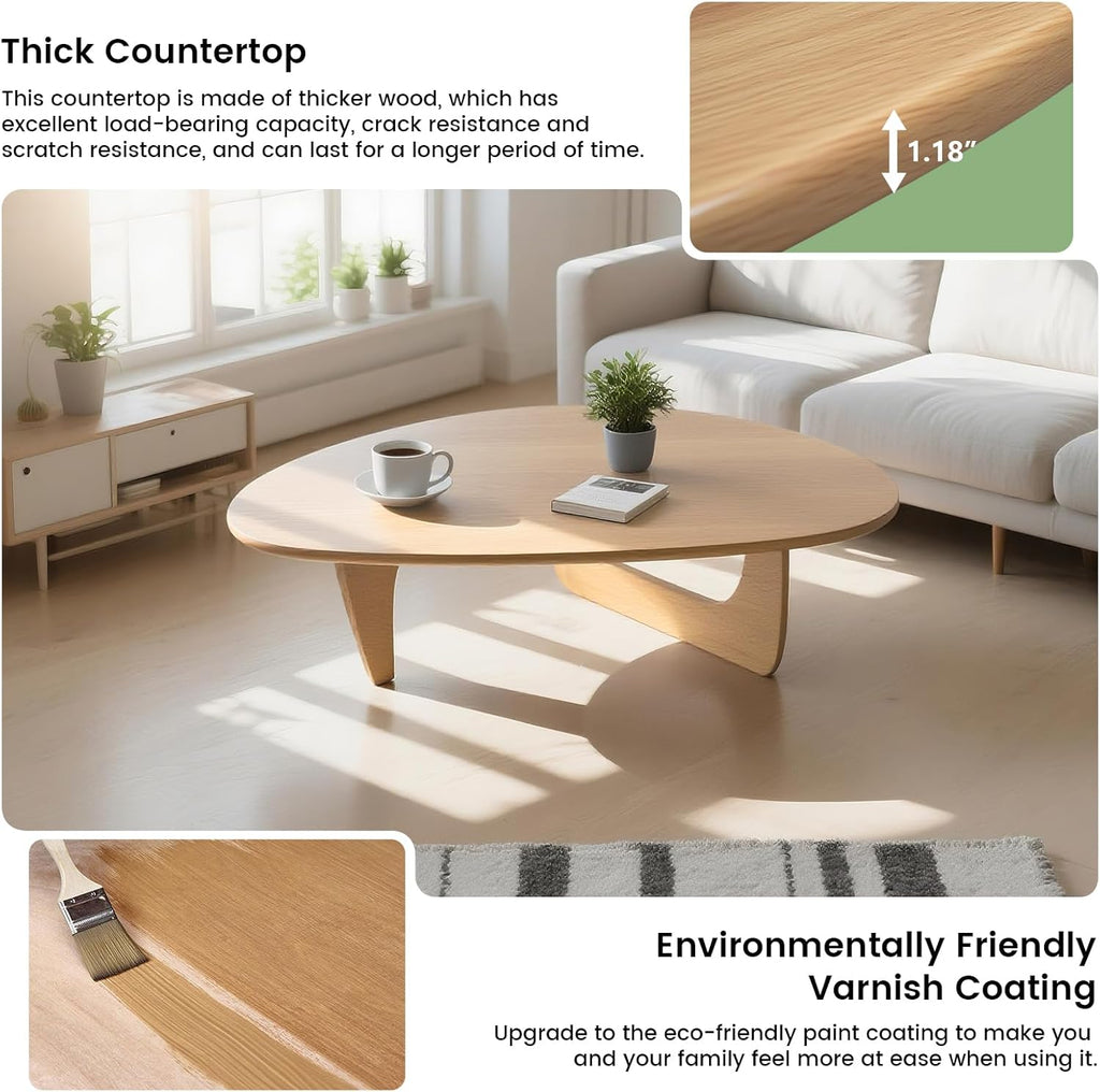 Solid Wooden Modern Triangle Coffee Table: Unique Funky Coffee Tables for Living Room, Oval Mid-Century Irregular Abstract Tea Tables for Patio Office Balcony Bedroom (Natural, 35" L x 24" W x 16" H)