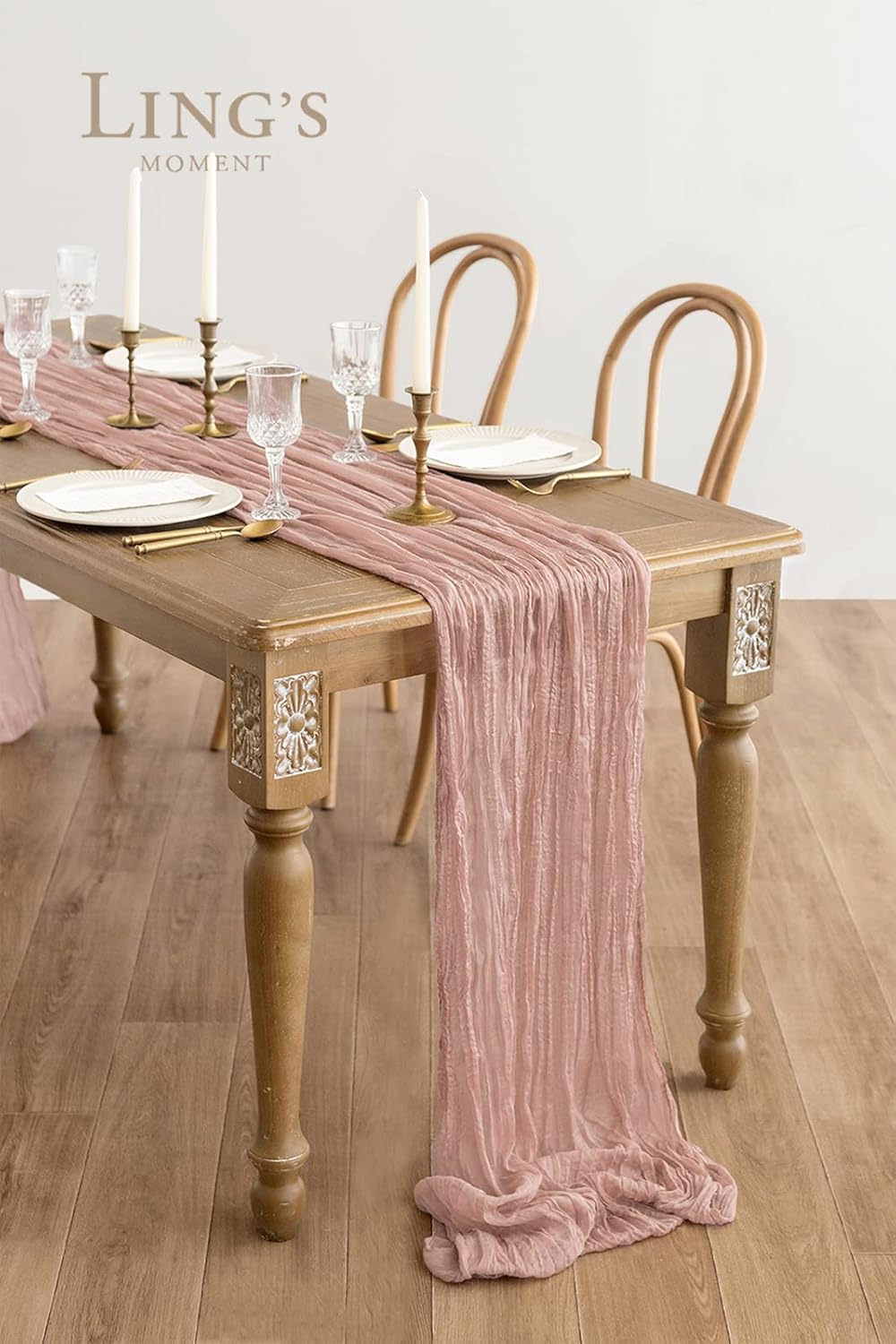 Ling's moment 10Ft x 35" Wide Dusty Rose Gauze Semi-Sheer Table Runner Pink Cheesecloth Tablecloth for Wedding Party Bridal Shower Boho Table Decor