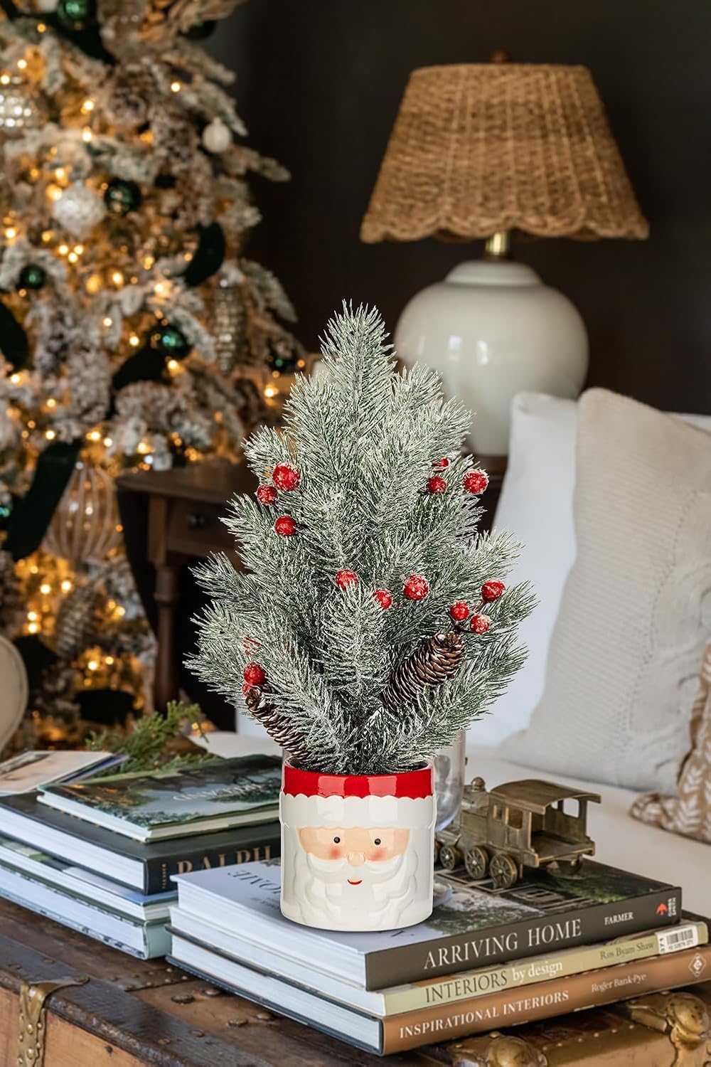 Small Christmas Tree Tabletop Snowman Potted Plants with Vase 14.2" Artificial Mini Xmas Tree Decorations Slim Pine Needles Plant with Christmas Ball Ornaments Berries Pine Cones Home Christmas Decor