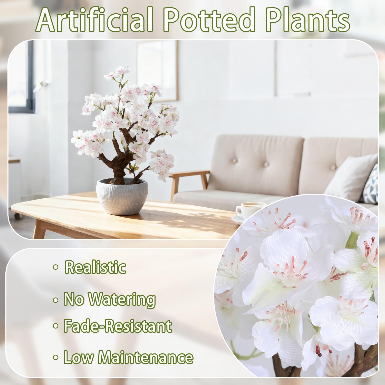 TOARTi Artificial White Cherry Blossom Potted Plant with Stone Pot, 12.6" Fake Flowers Potted Faux Plant Desk Decor, Realistic Decorative Plants Indoor Decor for for Home Bedroom Bathroom Office Desk