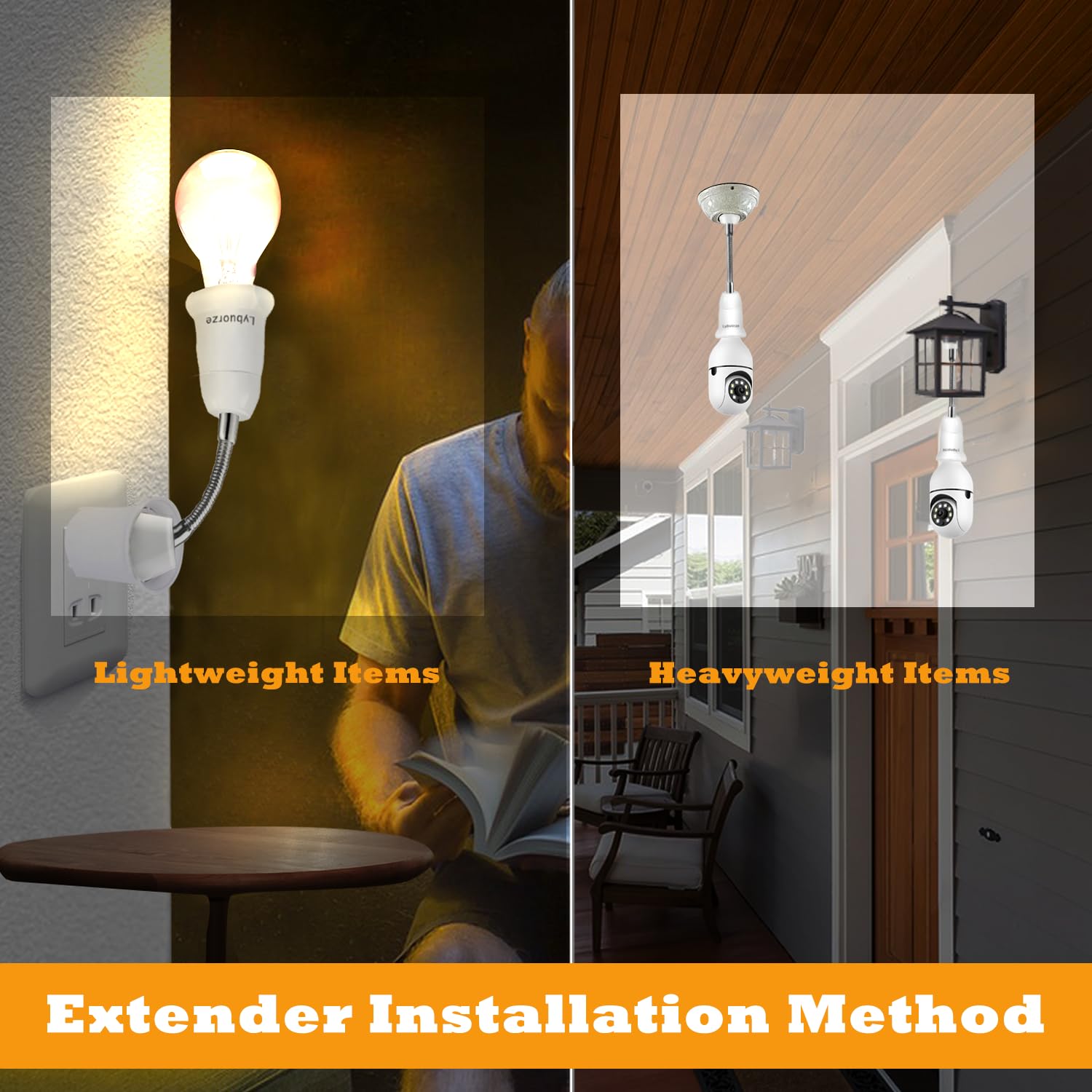Light Bulb Extender Socket (2-Pack), 19 CM 7.5 Inch Socket Extension, 360° Bendable Adjustable Standard E26/E27 Screw Base Extender Adapter