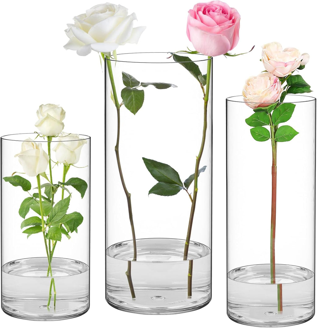 SUREAM 3 Packs Cylinder Vases for Centerpieces, 7.8/9.8/11.8 Inch Tall Clear Cylinder Candle Holder for Weeding, Non-Breakable Flower Vase for Dinner Table Party Living Room Office Bedroom Decor