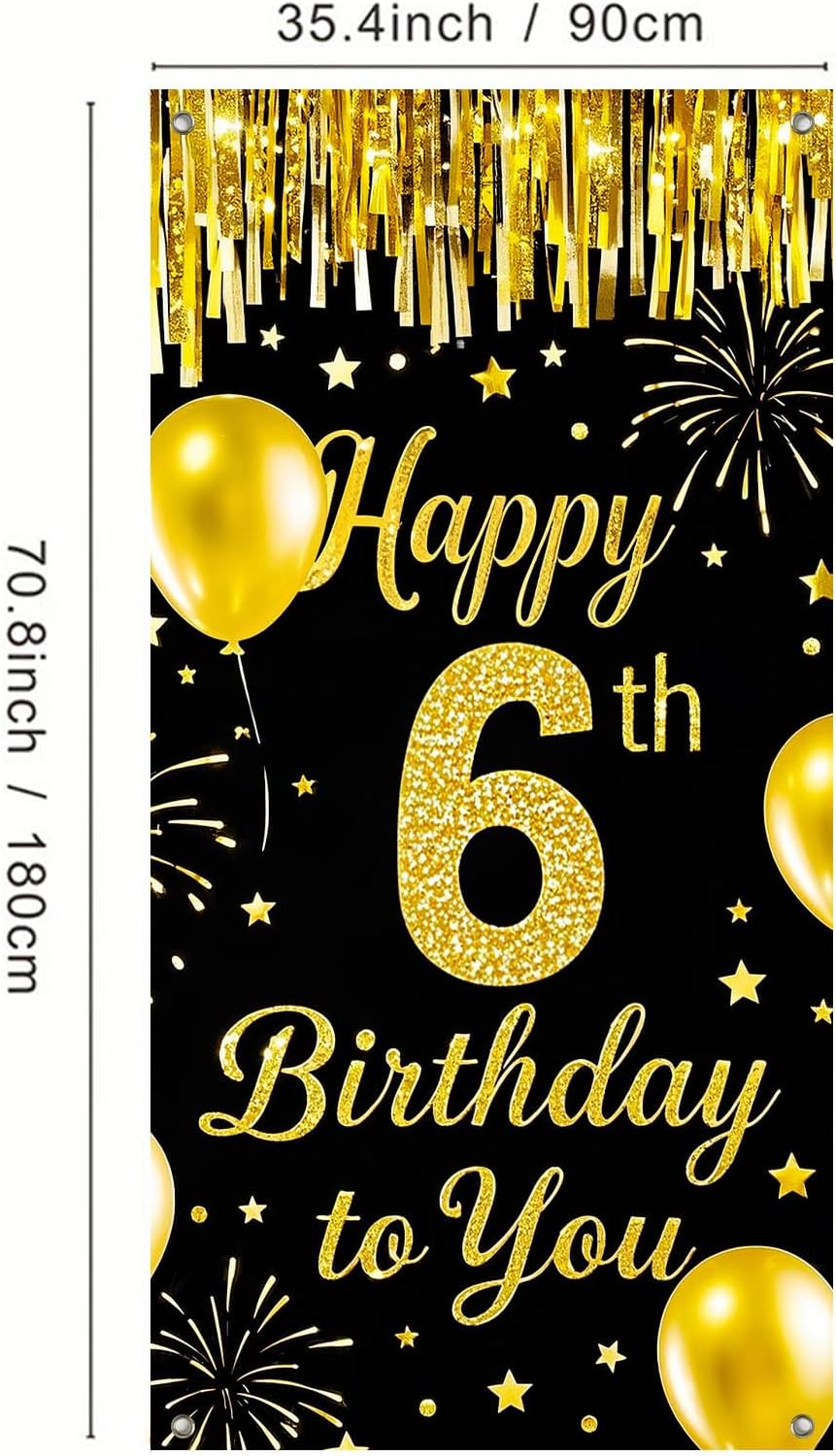 IVN 6th Birthday Door Cover 71x35 Inch Black Gold Birthday Banner for Party Decorations Balloons Stars Fireworks Backdrop Sign for Men Women Photo Booth Prop Wall Decor