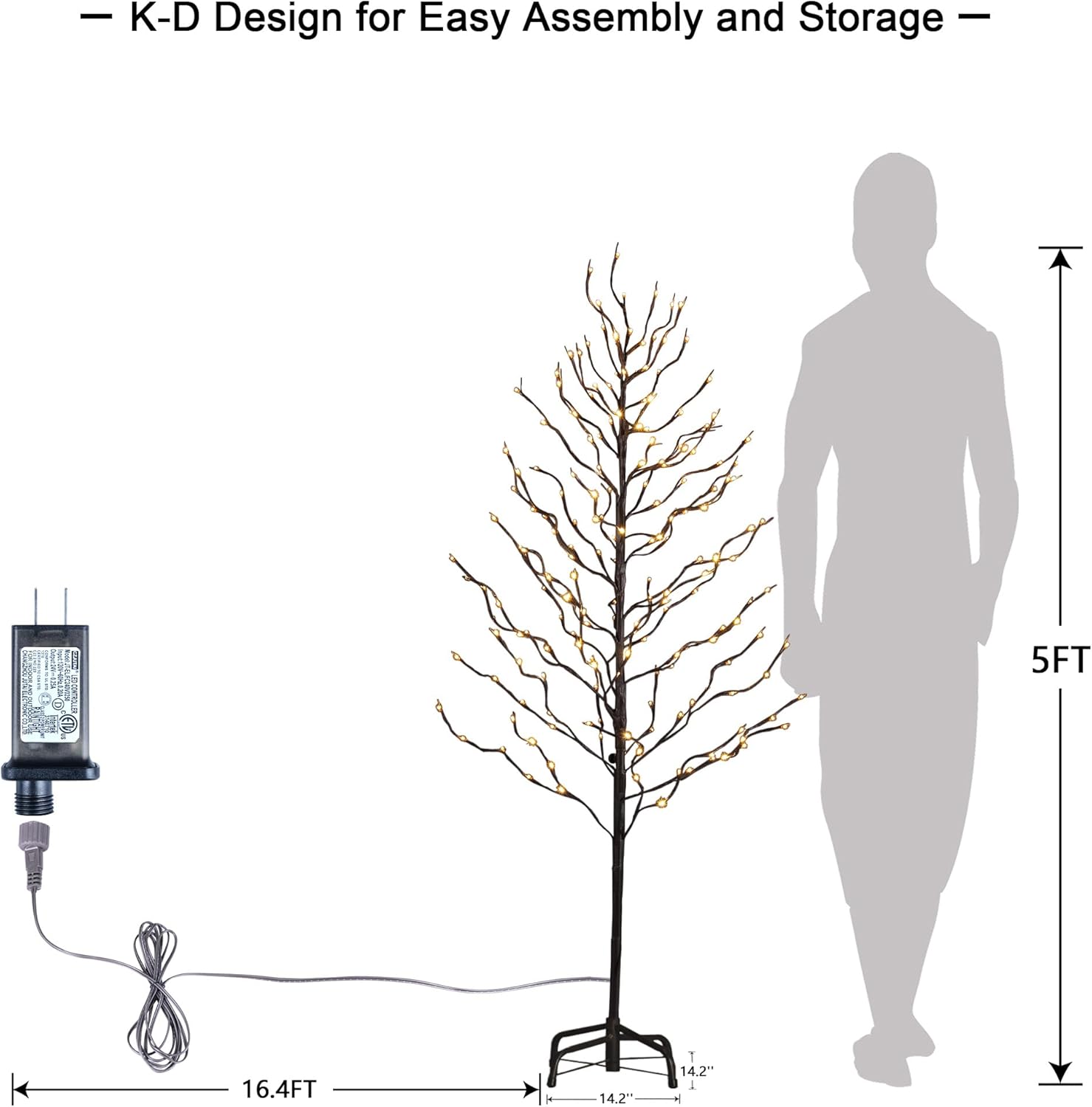 LIGHTSHARE 5FT 200L Lighted Star Light Tree,Warm White, Brown Branch Decoration Light,Home/Festival/Party/Christmas,Indoor and Outdoor Use