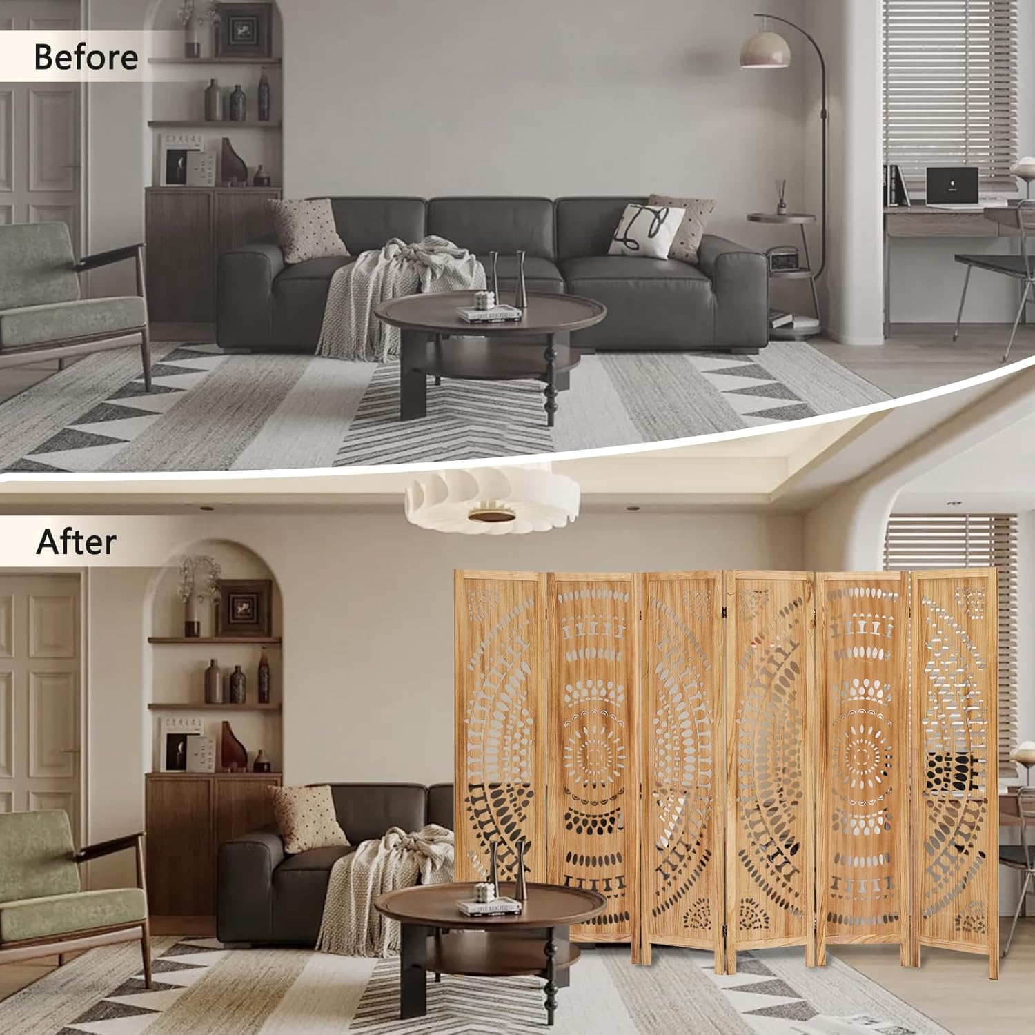 6 Panel Wood Room Divider Fully Assembled, Decorative Room Dividers and Folding Screens, 5.6Ft Room Divider Screen Freestanding Partition Wall Dividers for Home Bedroom Office, Light Brown