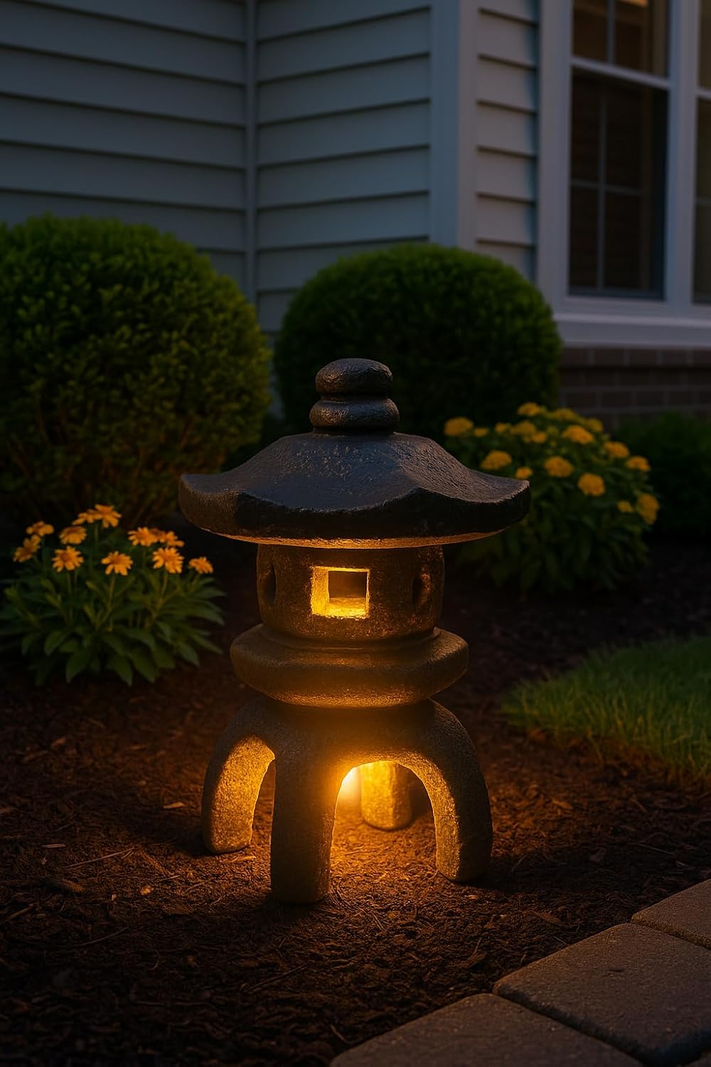Japanese Lantern – 2-Piece Concrete Pagoda Statue with Open Windows, 17”H Heavy Stone Garden Lantern, Weatherproof Outdoor Decor, Autumn Brown Stain Color