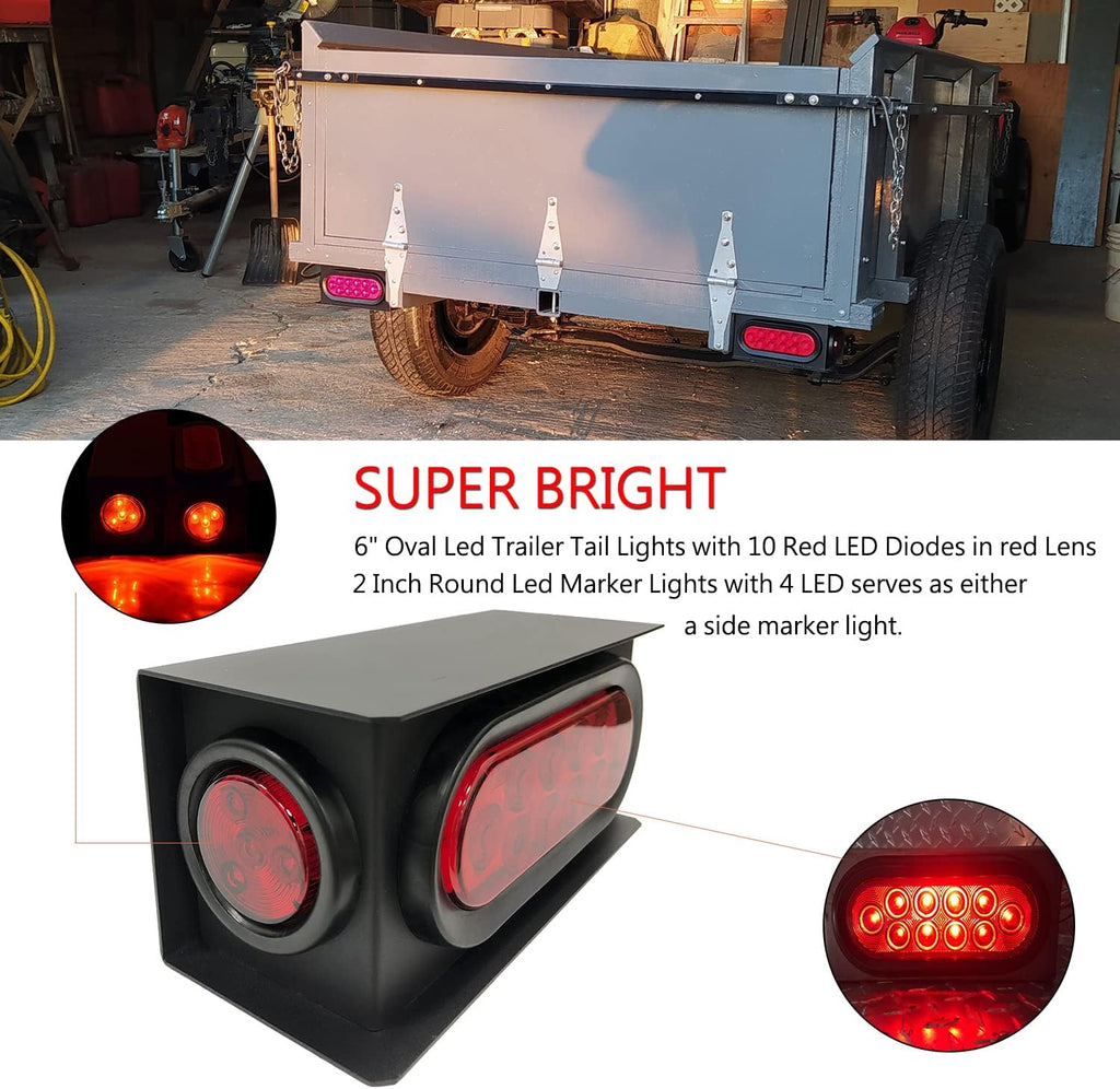 2 Pack Steel Trailer Light Box with 6" Red LED Oval Tail Lights & 2" Round Side Lights with License Plate Bracket for Trailer Truck