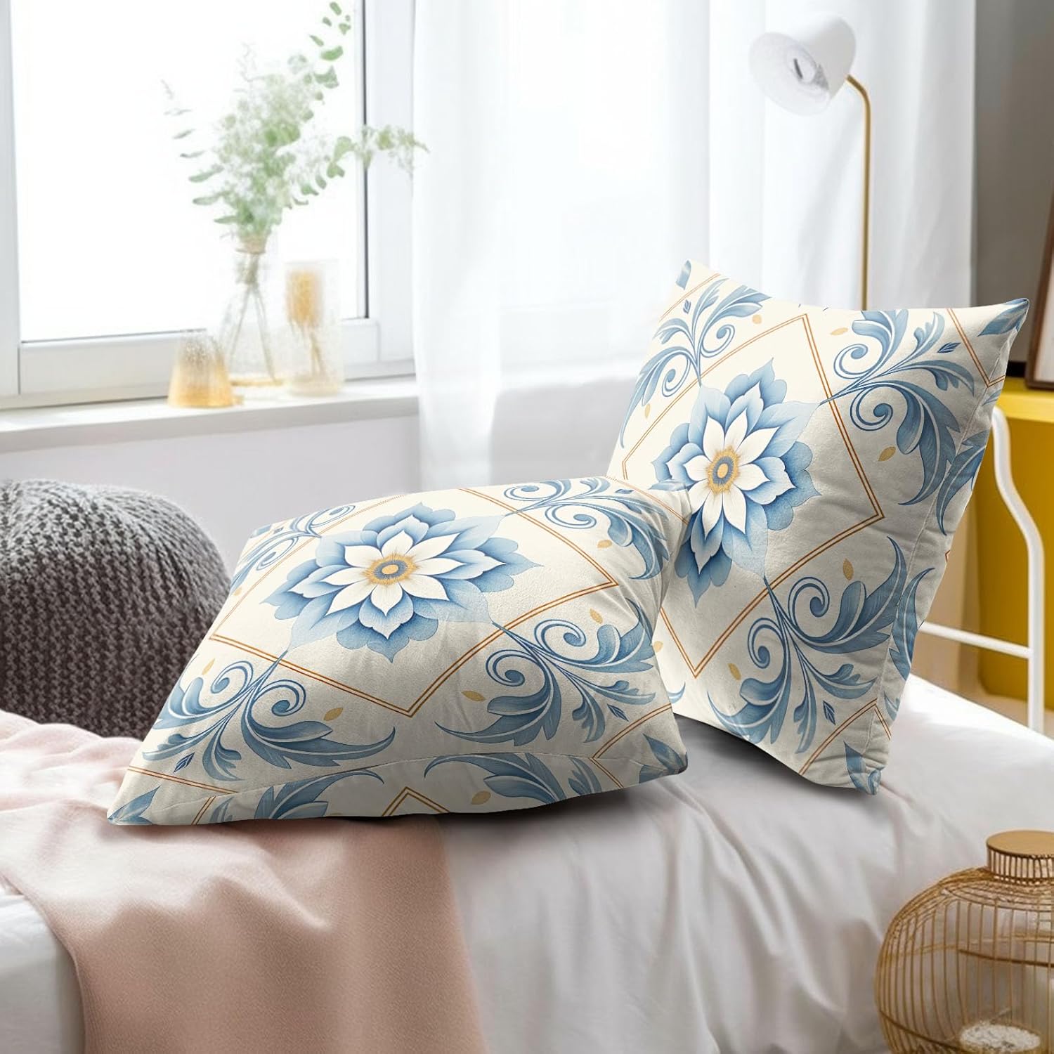 Oriental Blue & White Floral Throw Pillow Covers Set of 2 Ultra-Soft Pillow Shams with Hidden Zipper,Durable for Sofa Bed Car Decor & Gift 18x18IN