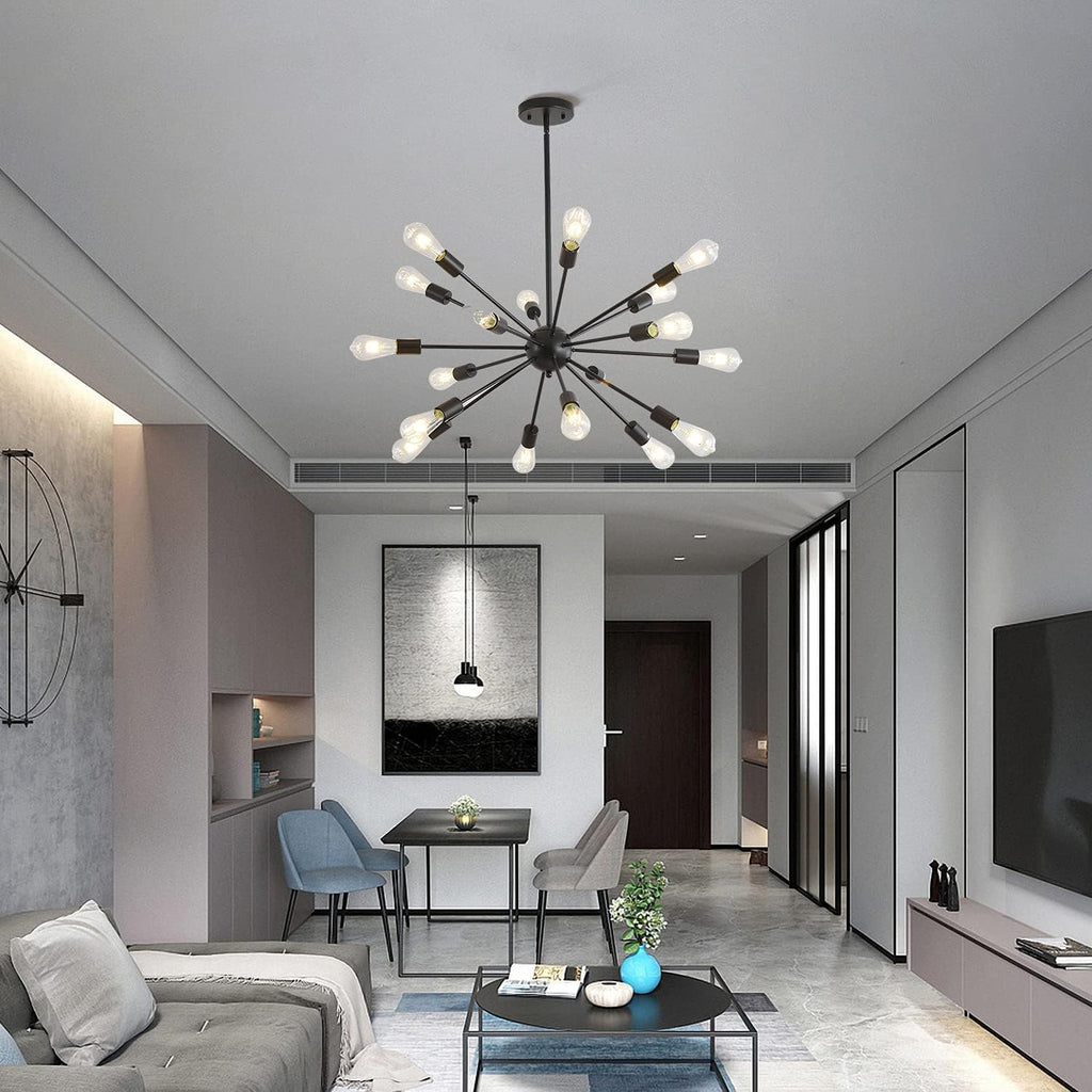 Mid-Century Sputnik Chandeliers 18-Lights, Modern Semi Flush Mount Ceiling Light Fixture Industrial Retro Hanging Lamps for Kitchen Living Room Dining Bedroom Corridor, Black（Bulb Not Included）