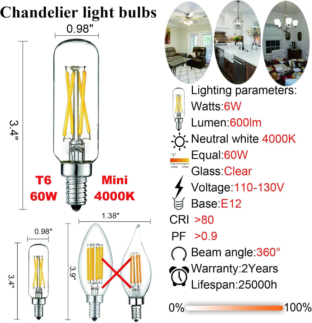 LiteHistory E12 led Bulb 6W Equivalent Candelabra Light Bulbs 60 watt Neutral White 4000K AC120V 600LM Dimmable T6 T25 for Chandeliers,Ceiling Fan and Wall sconces Pack of 6