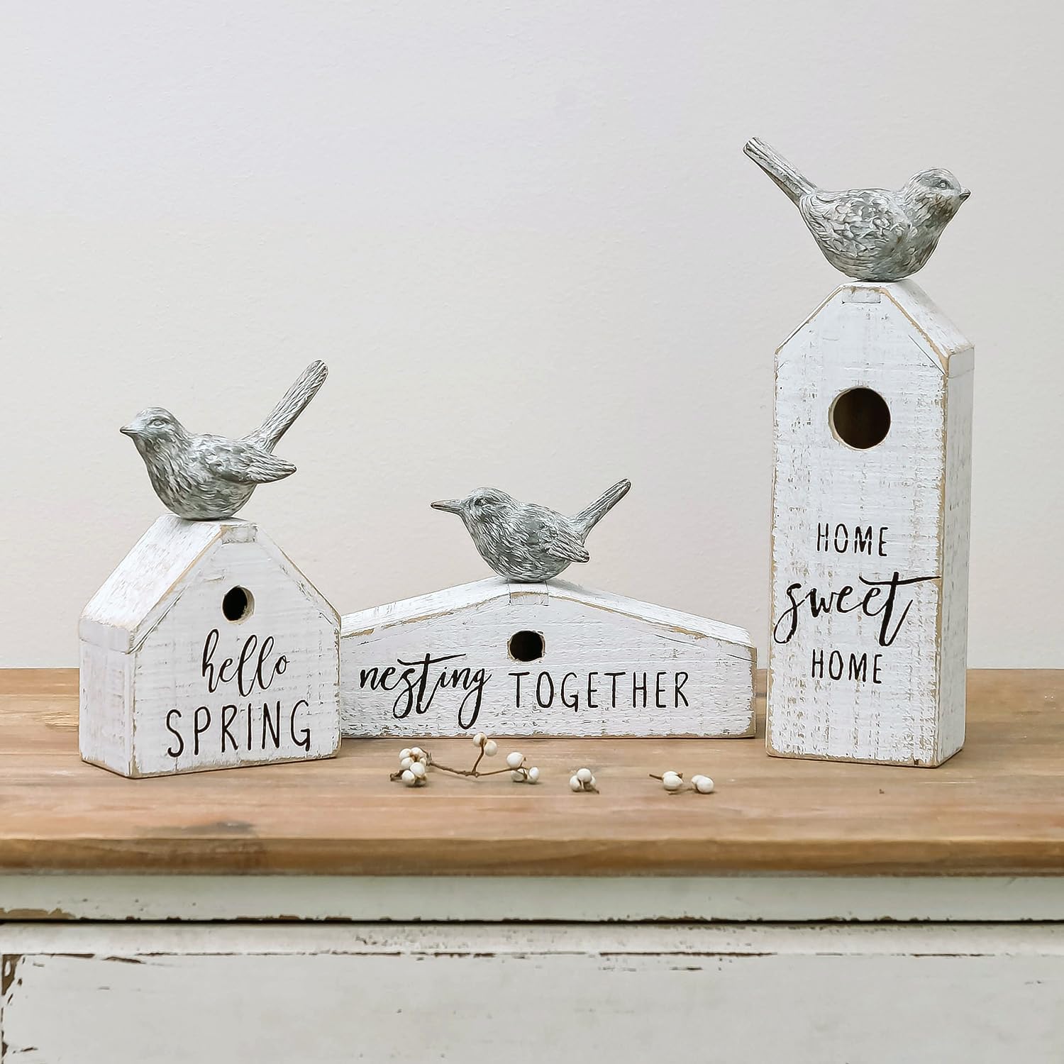 3 Pcs Birdhouse Shaped Wooden Table Decor with Bird Ornament, Rustic Farmhouse Spring Decor for Shelf Mantel Desk Decoration, Housewarming Gift, Hello Spring, Nest Together, Home Sweet Home