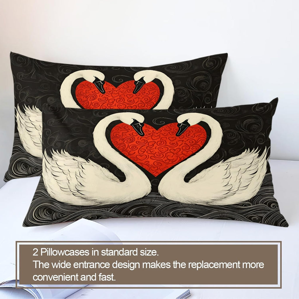 White Swan Duvet Cover King Size, Romantic Love Birds Bedding Set 3 Piece Bedroom Decor Hand Drawn Art Swan Comforter Cover with Zipper Ties & 2 Pillowcases