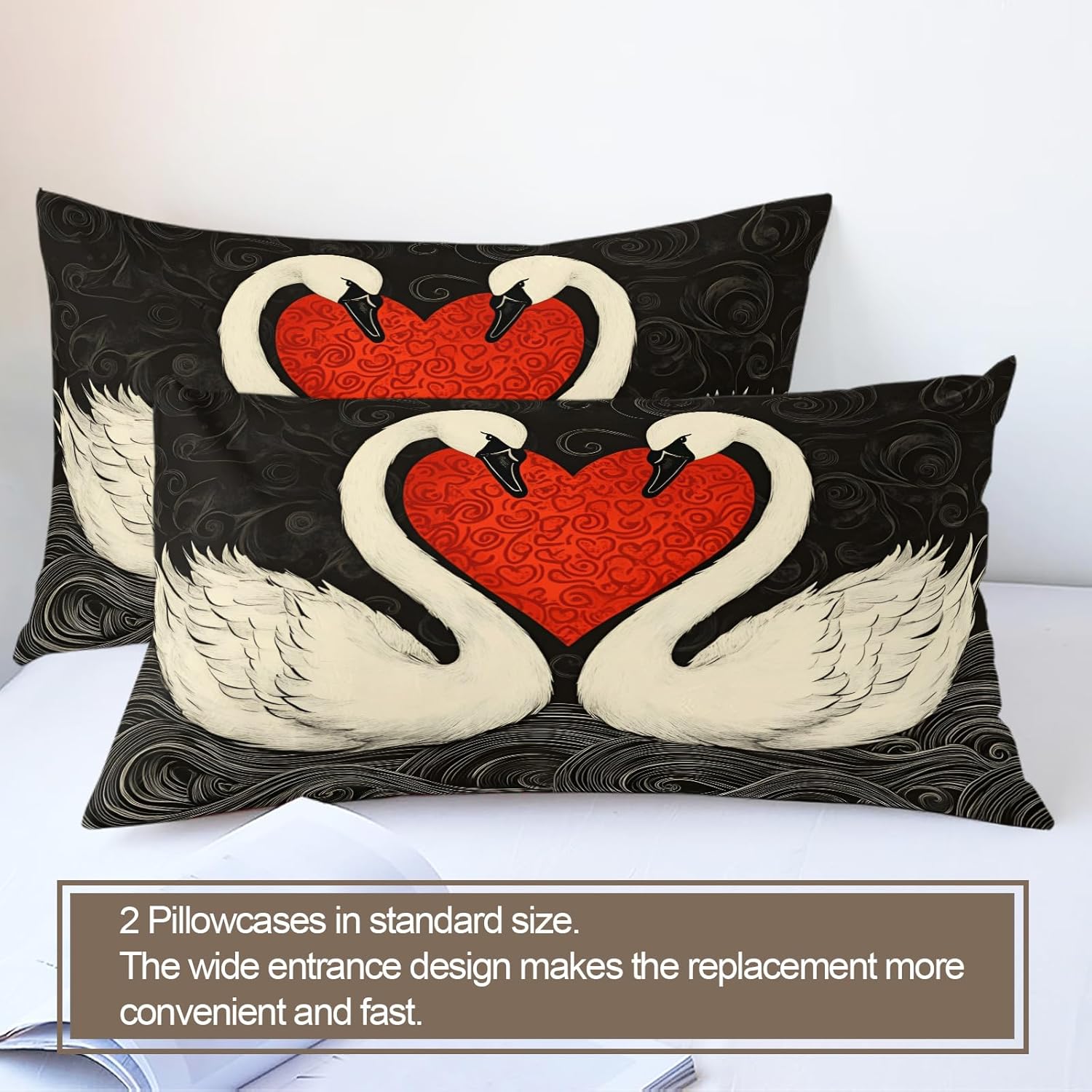 White Swan Duvet Cover California King, Romantic Love Birds Bedding Set 3 Piece Bedroom Decor Hand Drawn Art Swan Comforter Cover with Zipper Ties & 2 Pillowcases