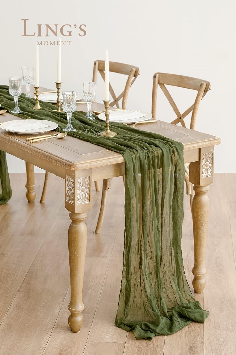 Ling's Moment 10Ft x 35" Wide Moss Green Gauze Semi-Sheer Table Runner Cheesecloth Tablecloth for Wedding Party Bridal Shower Boho Table Decor