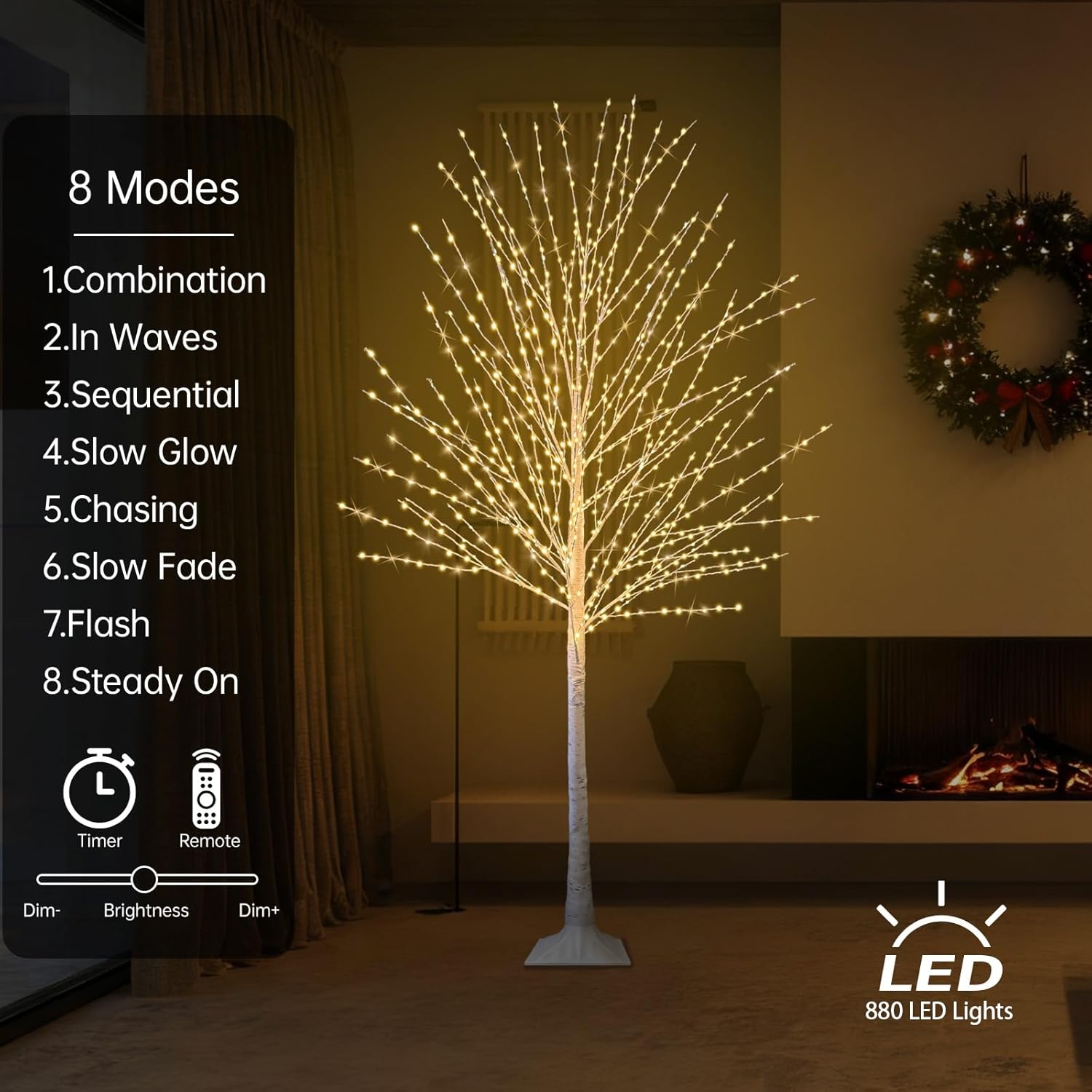 6FT Lighted Birch Tree with 880 LED Warm White Lights, 8 Twinkle Modes, Timer, Dimmable Artificial Light Up Twig Christmas Tree for Indoor Outdoor Xmas Holiday Party Decor