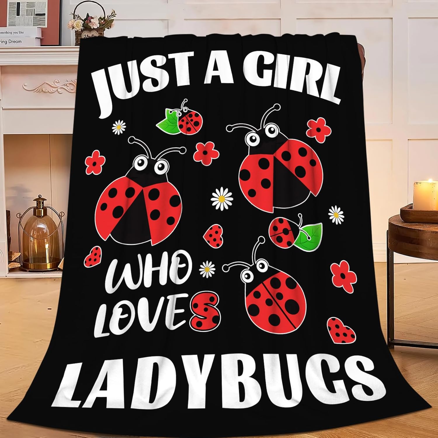 Just A Girl Who Loves Ladybugs Throw Blanket Lady Bugs Print Throw Blankets Gifts for Couch Sofa Bed Stuff Decor Soft Cozy Fleece Plush Warm Flannel Bedding for Lover 60"x80"