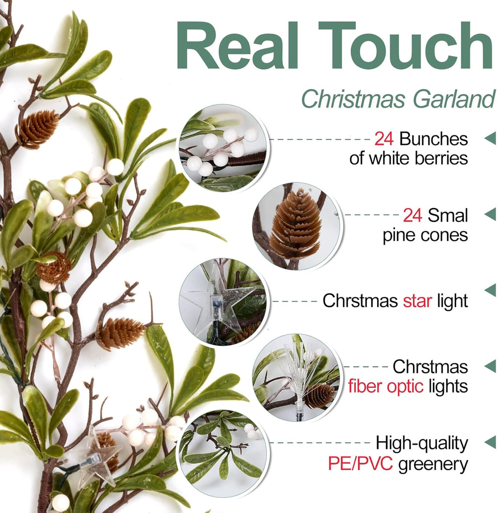 6.5FT Christmas Garland with Star Lights,Prelit Christmas Decorations,Lighted Garland with Battery Operated,Denser Realistic Olive Leaves Greenery Home Decor for Mantle Fireplace Table Indoor Outdoor