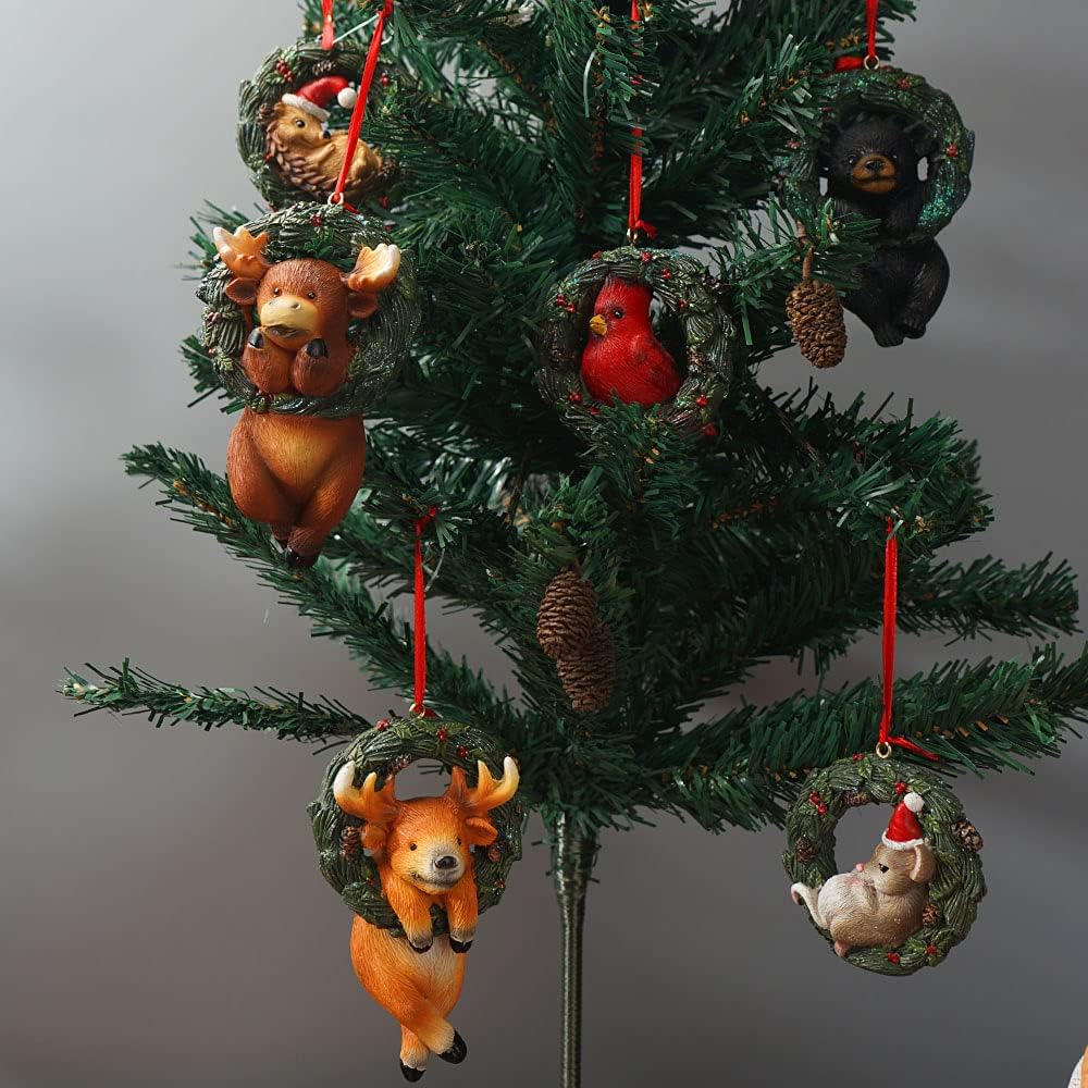 Christmas Small Animal Wreath Swing Ornament Hanging Decor for Xmas Tree Home Office Room Decoration with String (New, Pack of 6)