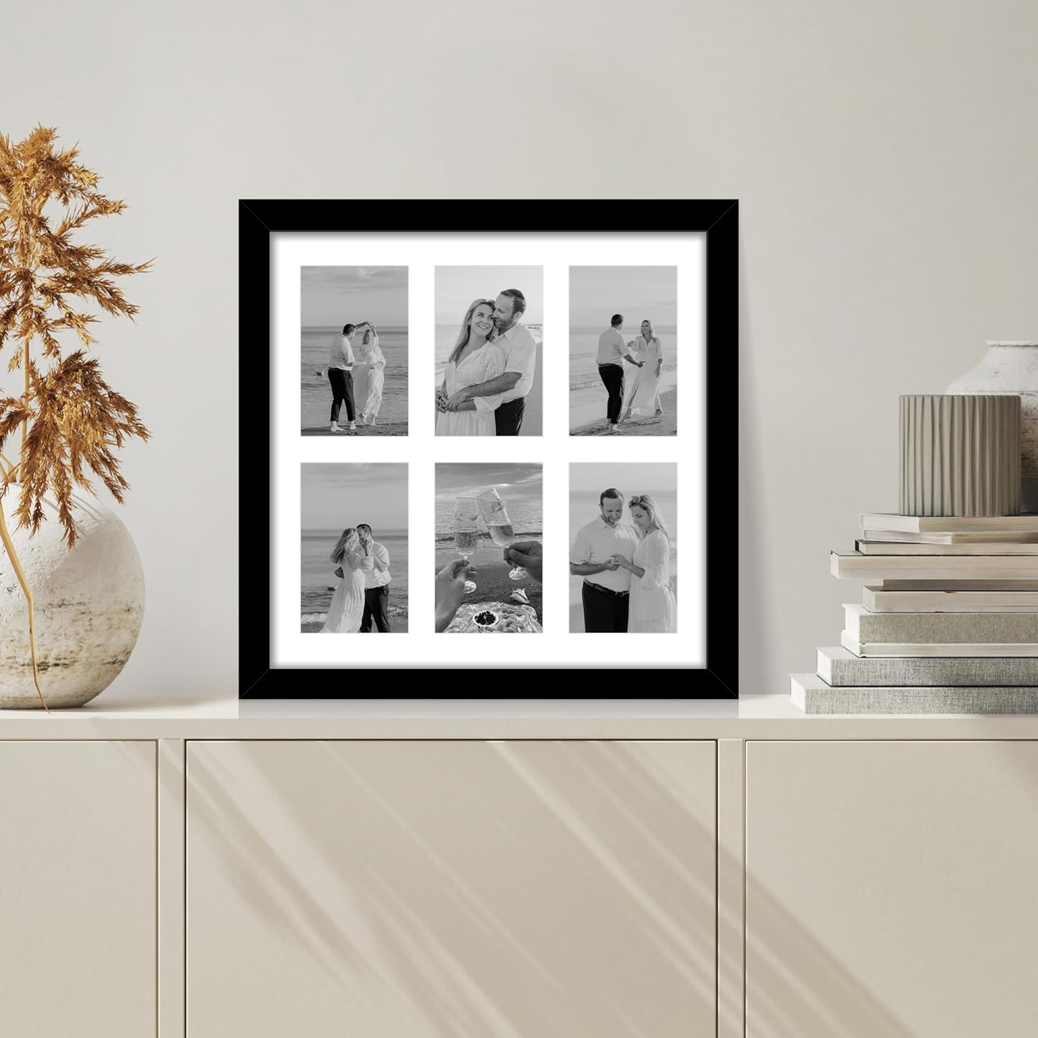 14x14 Picture Frame Set of 2, Black with Glass Collage Frame, Display Photo Six Opening 4x6 With Mat or 14 x 14 Without Mat - Horizontal or Vertical Wall Mounting