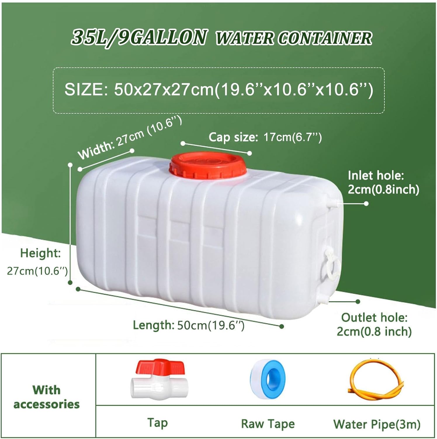 Large Water Storage Tank BPA Free Water Jug Container with Spigot, Portable Food Grade Plastic with Wide Opening for Outdoor Camping Hiking RV Emergency(Size:35L/9Gallon,Color:White)